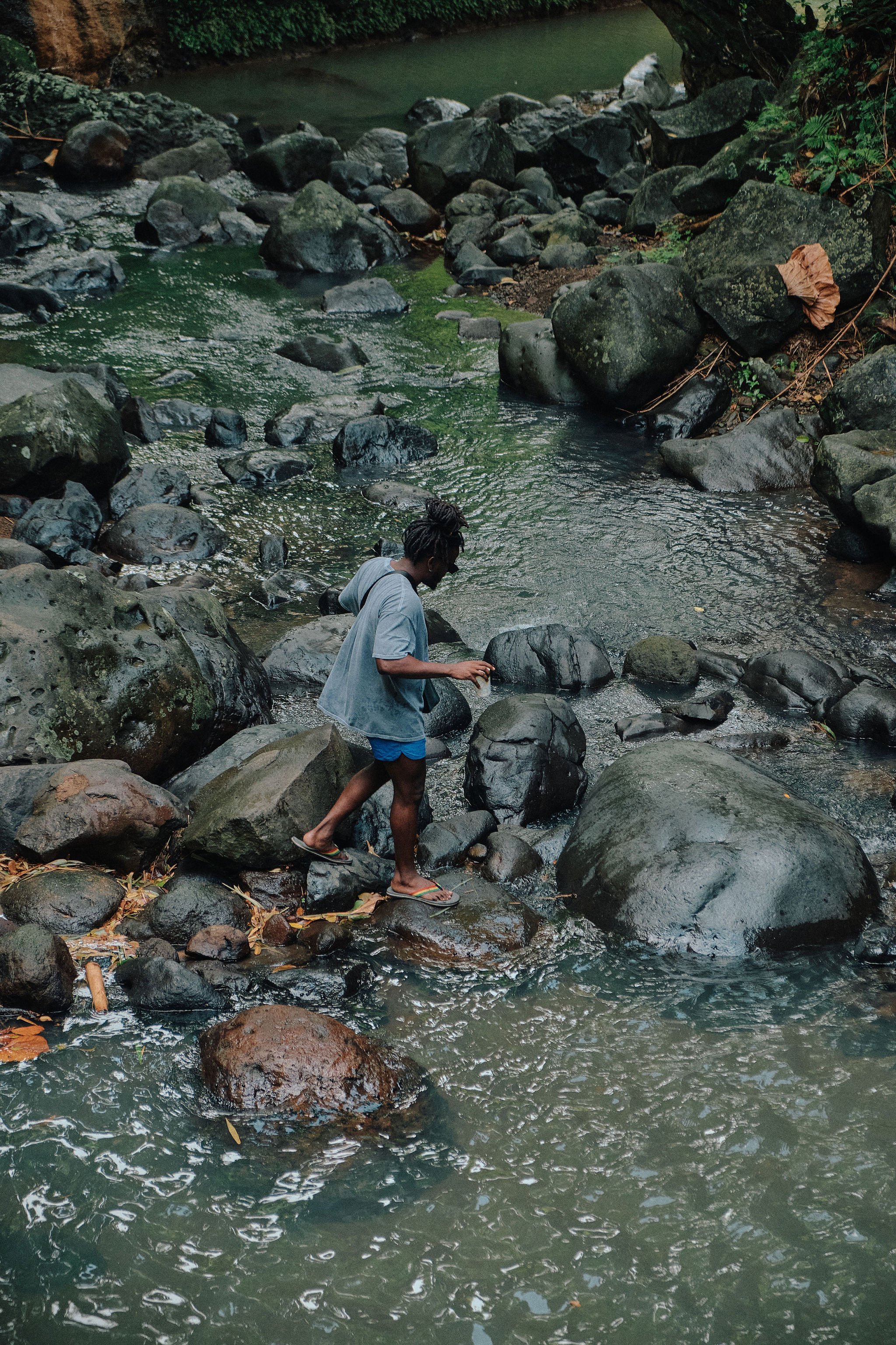 A person with dreadlocks, wearing a gray T-shirt, blue shorts, and flip-flops, walking across a rocky stream with large stones and surrounded by green foliage.