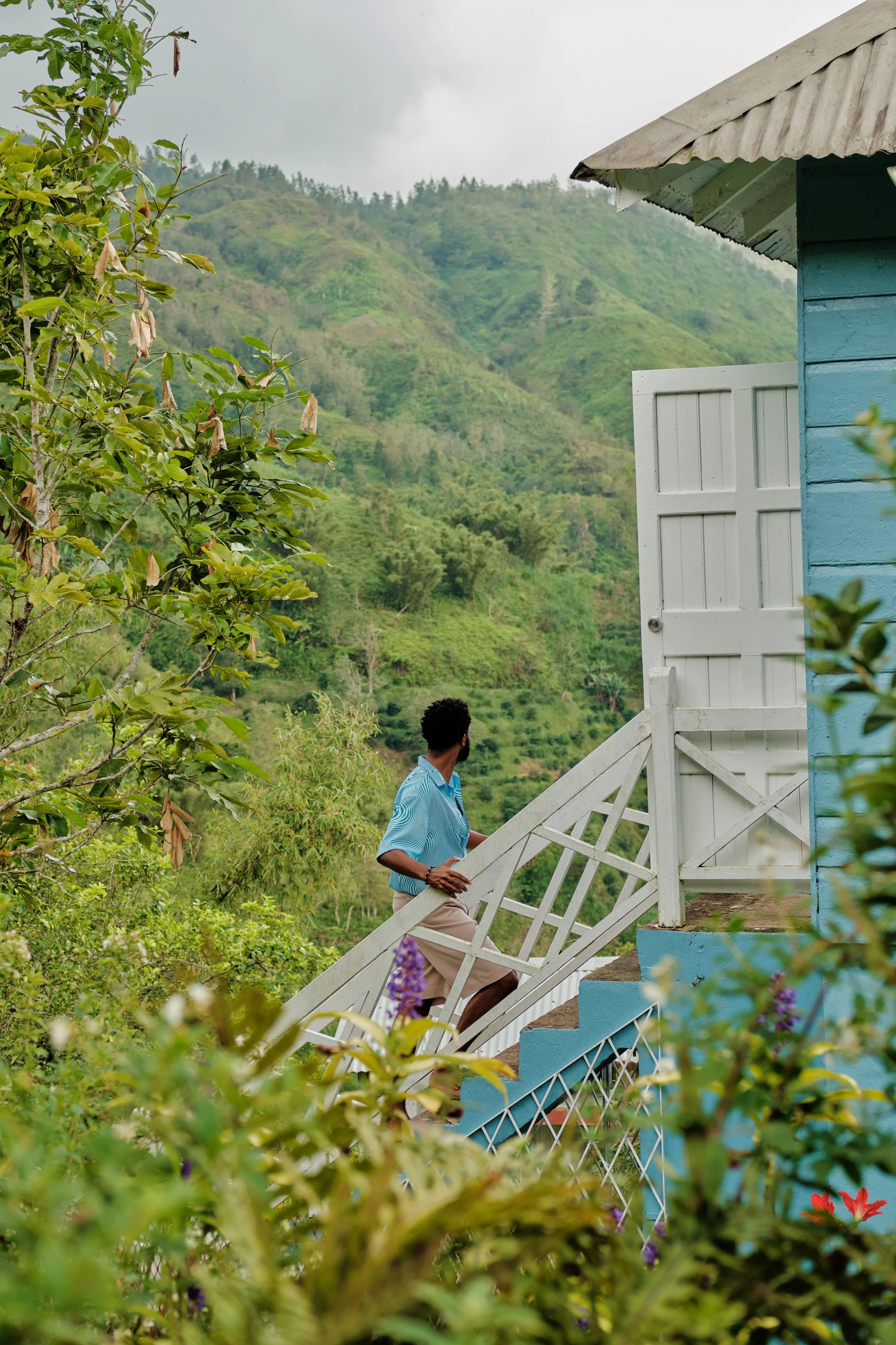 A man in a blue shirt and beige shorts walking up the stairs of a blue house with a white door, set amidst lush green mountains and foliage.