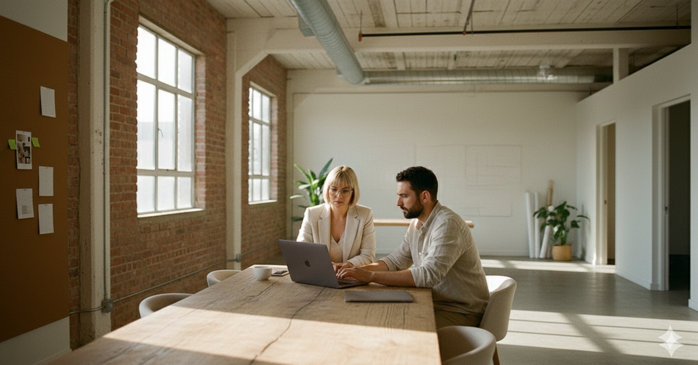 Two people working on laptops at a wooden table in a bright, modern office with brick walls, large windows, and potted plants.