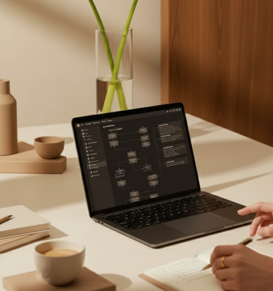 A laptop displaying a flowchart or diagram on a desk in a modern, minimalistic workspace. There is a notebook and pen in front of a person, with a cup of coffee on a wooden coaster. In the background, a glass vase with green stems and a ceramic pitcher with a small bowl are visible.