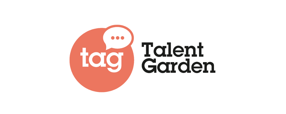 Graphic with a speech bubble containing three dots and the word "tag" on a red background, alongside the text "Talent Garden" in black.