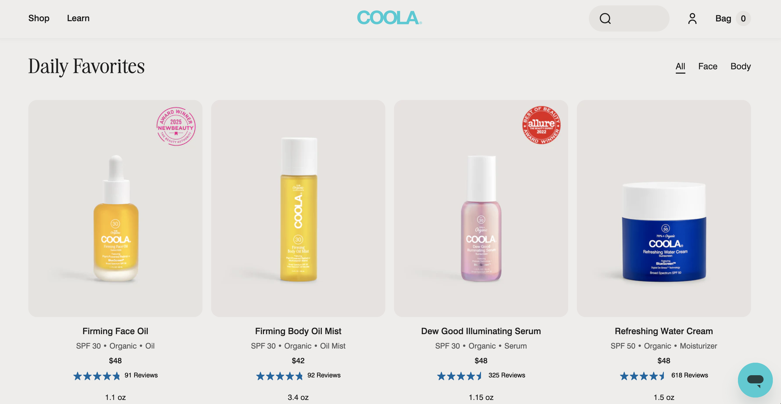 Screenshot of the COOLa website's Daily Favorites section, displaying four skincare products: Firming Face Oil, Firming Body Oil Mist, Dew Good Illuminating Serum, and Refreshing Water Cream, with prices, ratings, and reviews.