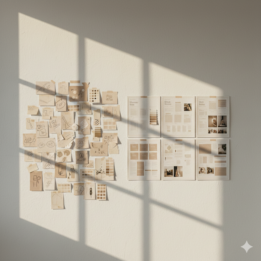Sunlight creates a grid pattern on a plain wall, which features a collage of small sketches and design samples on the left and six printed magazines or brochures with images and text on the right.