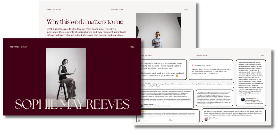 Three pages from a professional service guide or brochure, featuring a large photo of a woman sitting on a stool with a laptop, and text sections with headings and quotes, including the name 'Sophie May Reeves'.