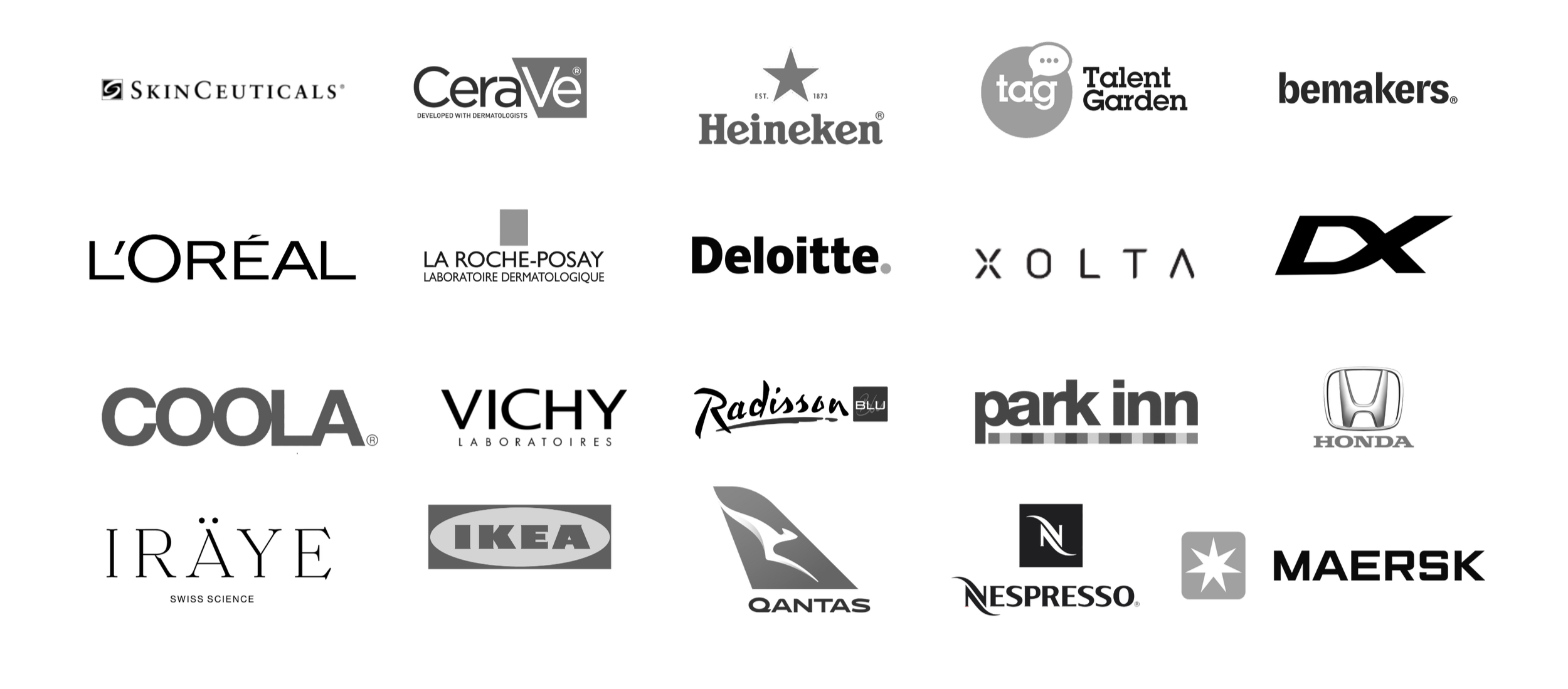 A collection of various corporate logos arranged in a grid pattern on a white background. Logos include CeraVe, Heineken, Tag Talent Garden, bemakers, La Roche-Posay, Deloitte, XOLTA, COOLA, IKEA, Qantas, Honda, park inn, Nespresso, MAERSK, and others.