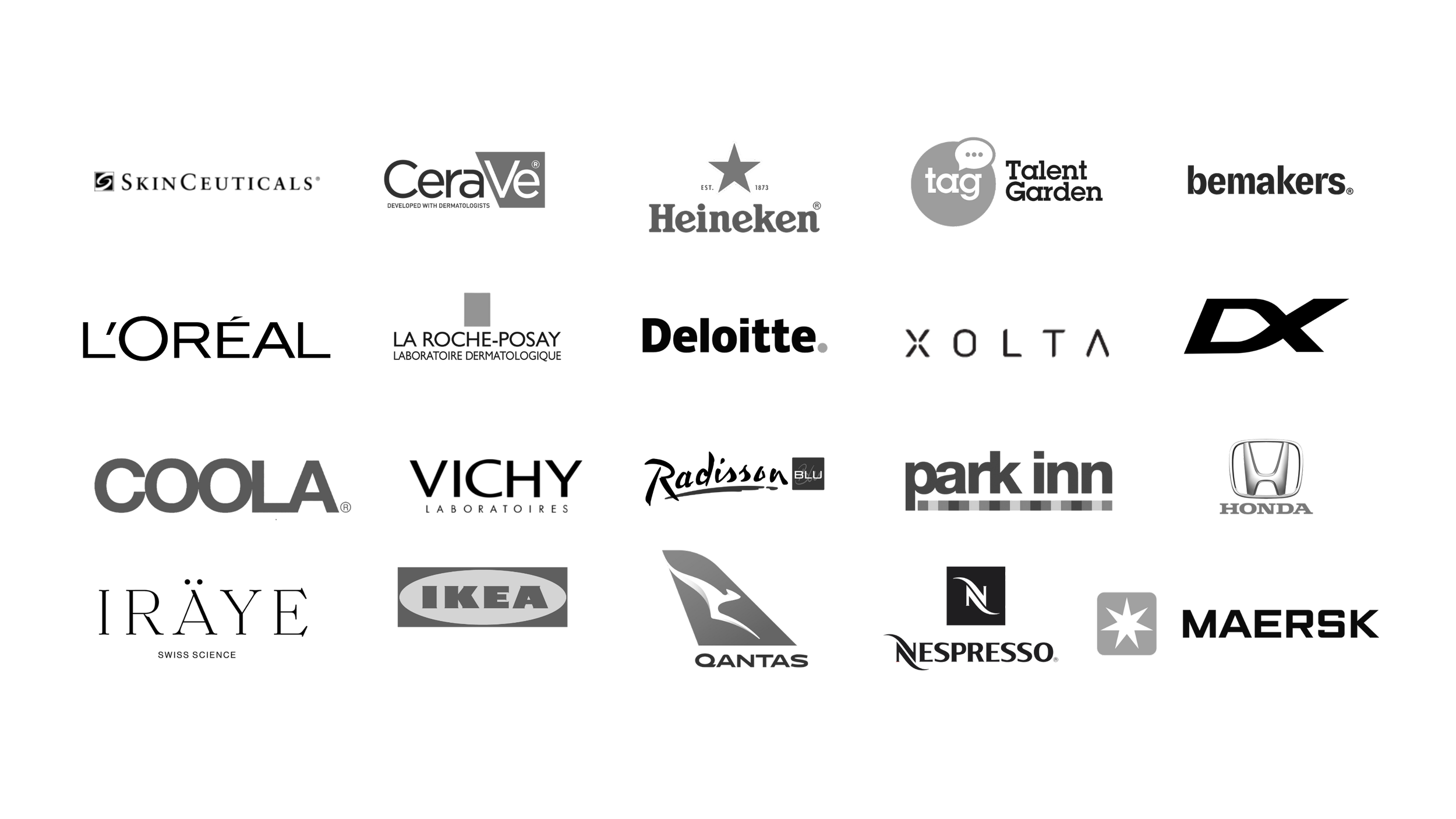 Collage of various corporate logos, including Heineken, Honda, IKEA, Maersk, Nespresso, Qantas, Starbucks, and others, arranged on a black background.