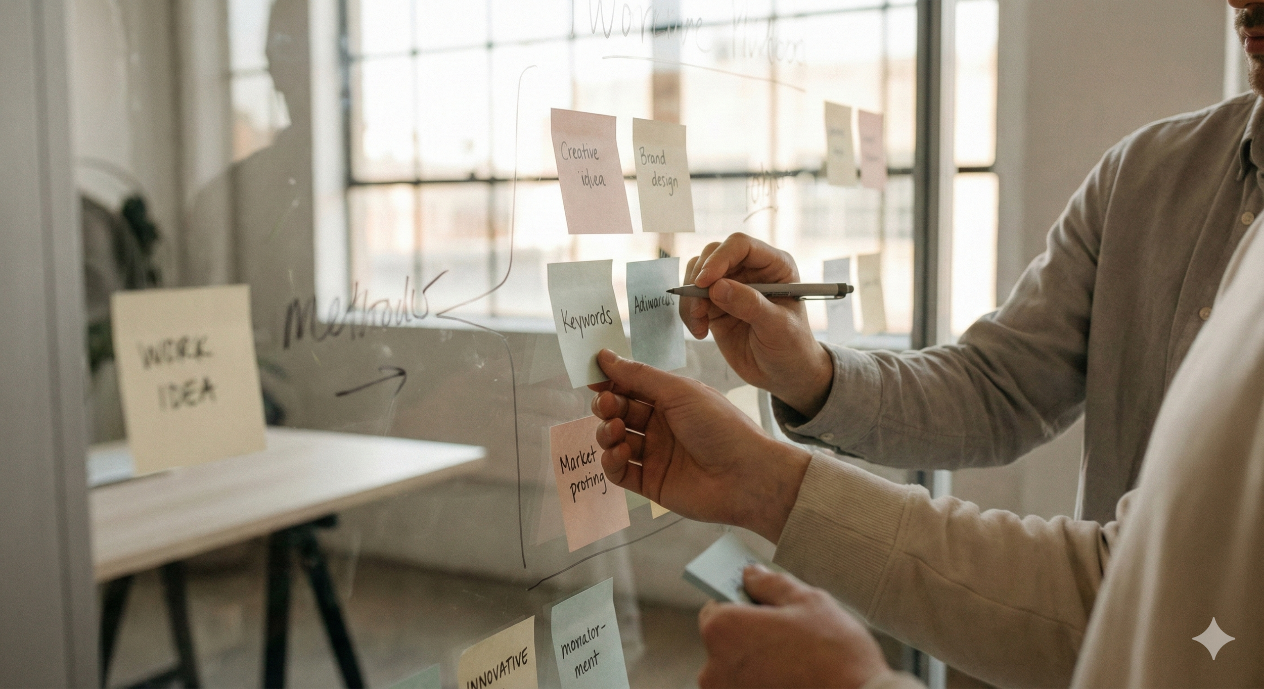 People working on a brainstorming session using sticky notes on a glass wall, with notes labeled 'Creative idea,' 'Brand design,' 'Keywords,' and others.