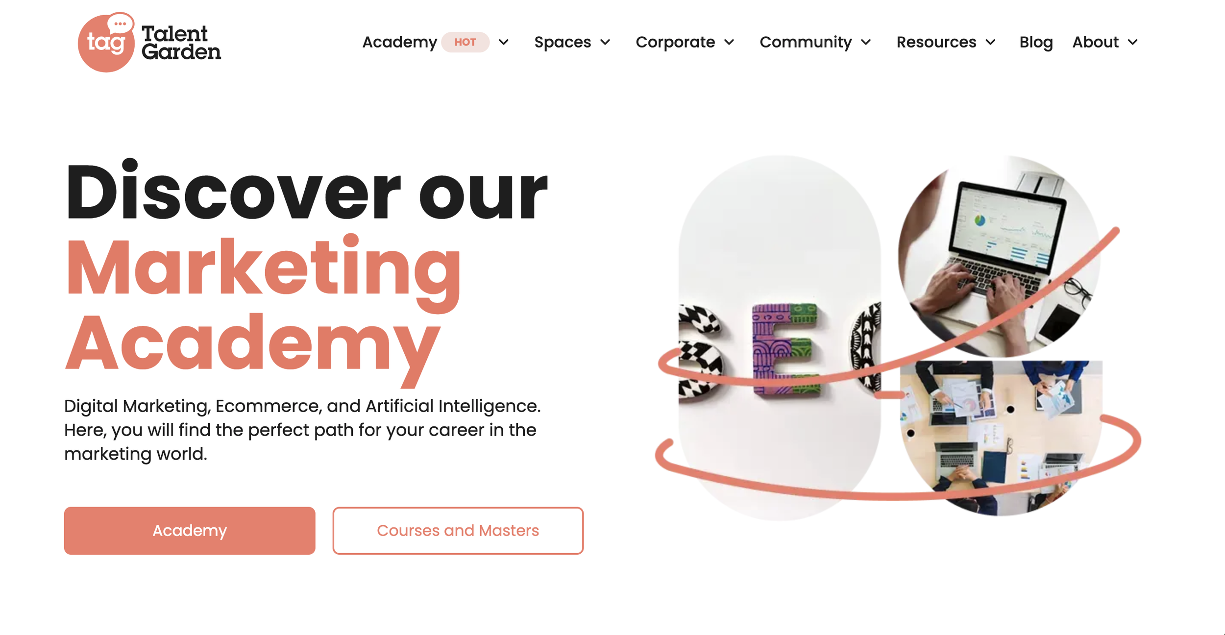 Screenshot of a website homepage for Talent Garden with the headline 'Discover our Marketing Academy,' showcasing images of work and digital marketing. The page features navigation menus at the top, a logo, and two call-to-action buttons labeled 'Academy' and 'Courses and Masters.'