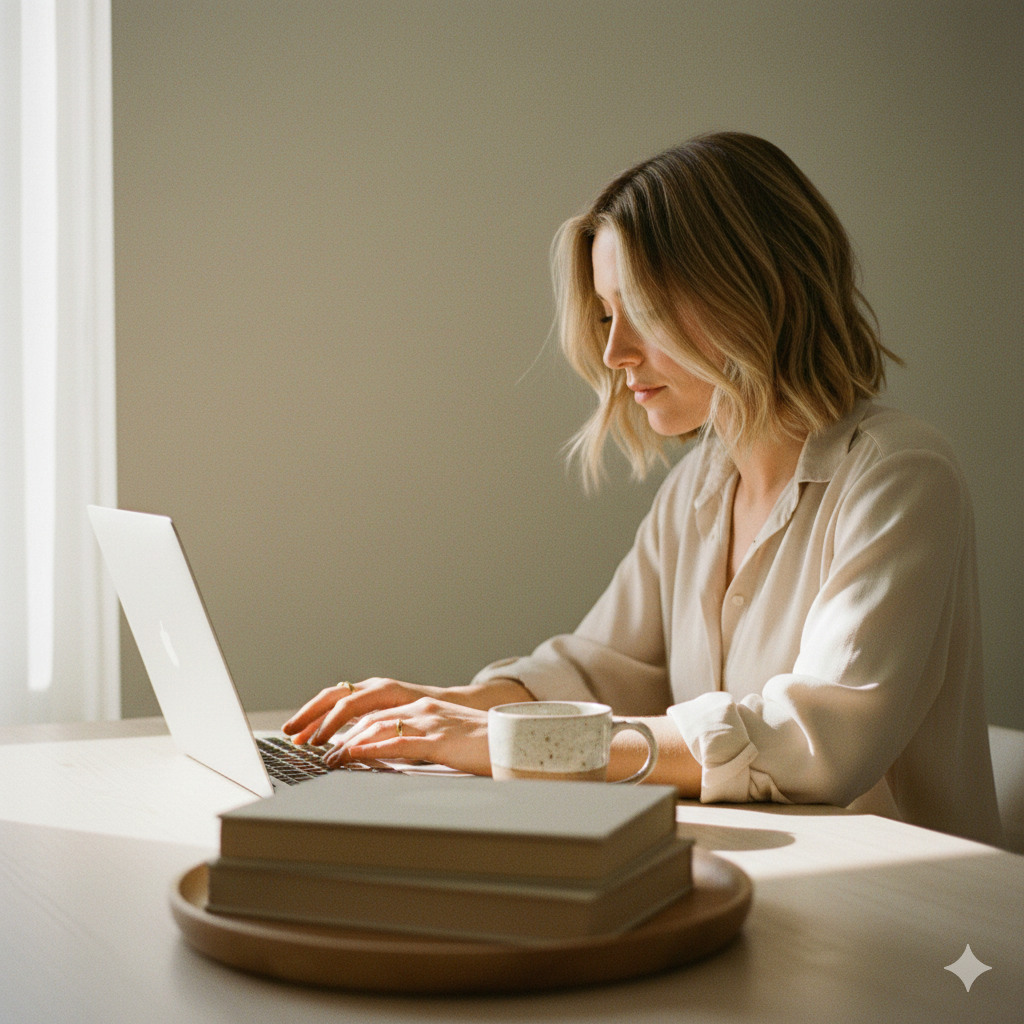 A woman sitting at a desk, working on a silver laptop, with a coffee mug and a stack of books in front of her, in a softly lit room.