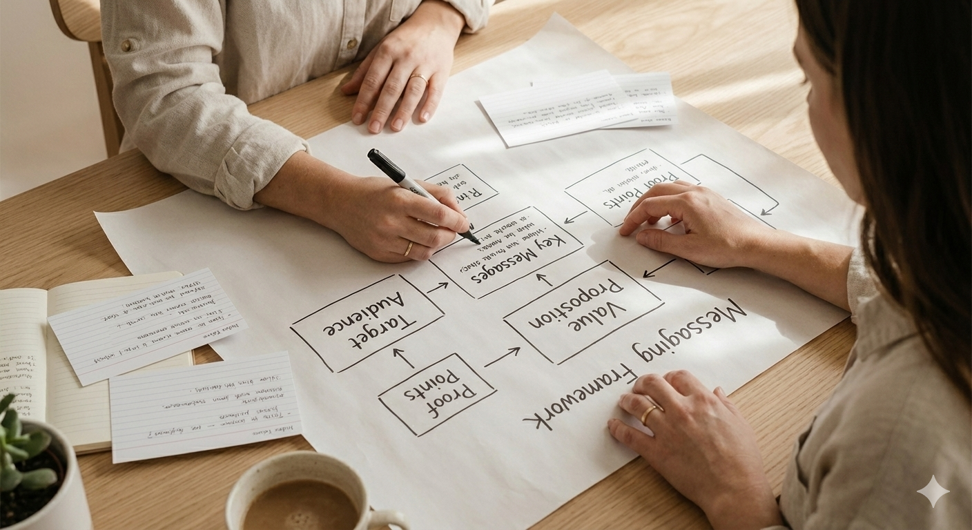 Two women working on a flowchart about messaging framework on a large paper on a wooden table, with notes, a cup of coffee, and a small potted plant nearby.
