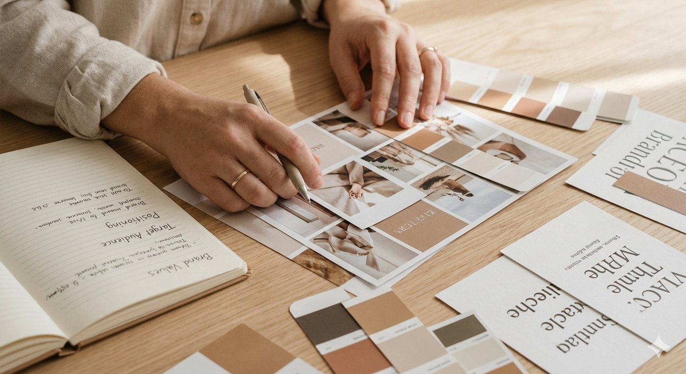 A person is working on a home decor project, arranging color swatches and photos of interior designs on a wooden table, with an open notebook nearby.