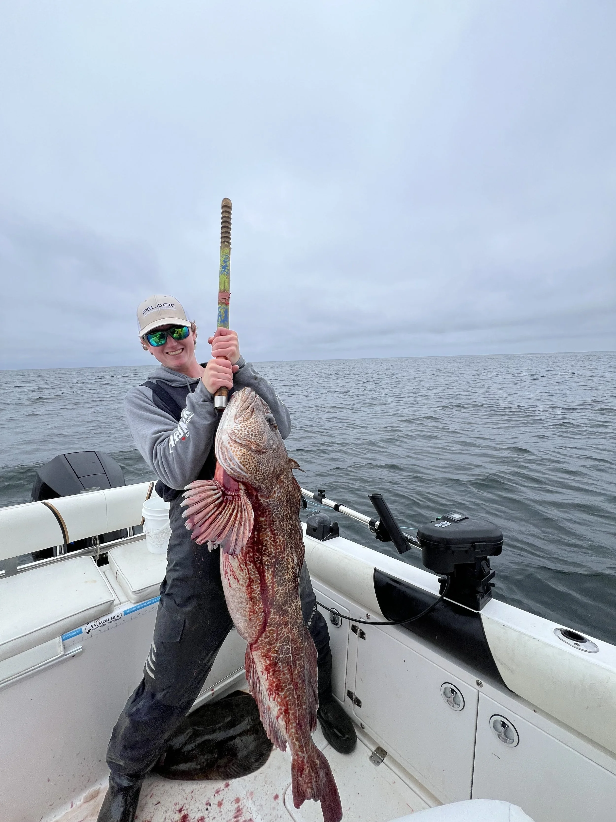 Person on a boat holding a large fish, seemingly a grouper, with an ocean and cloudy sky in the background.