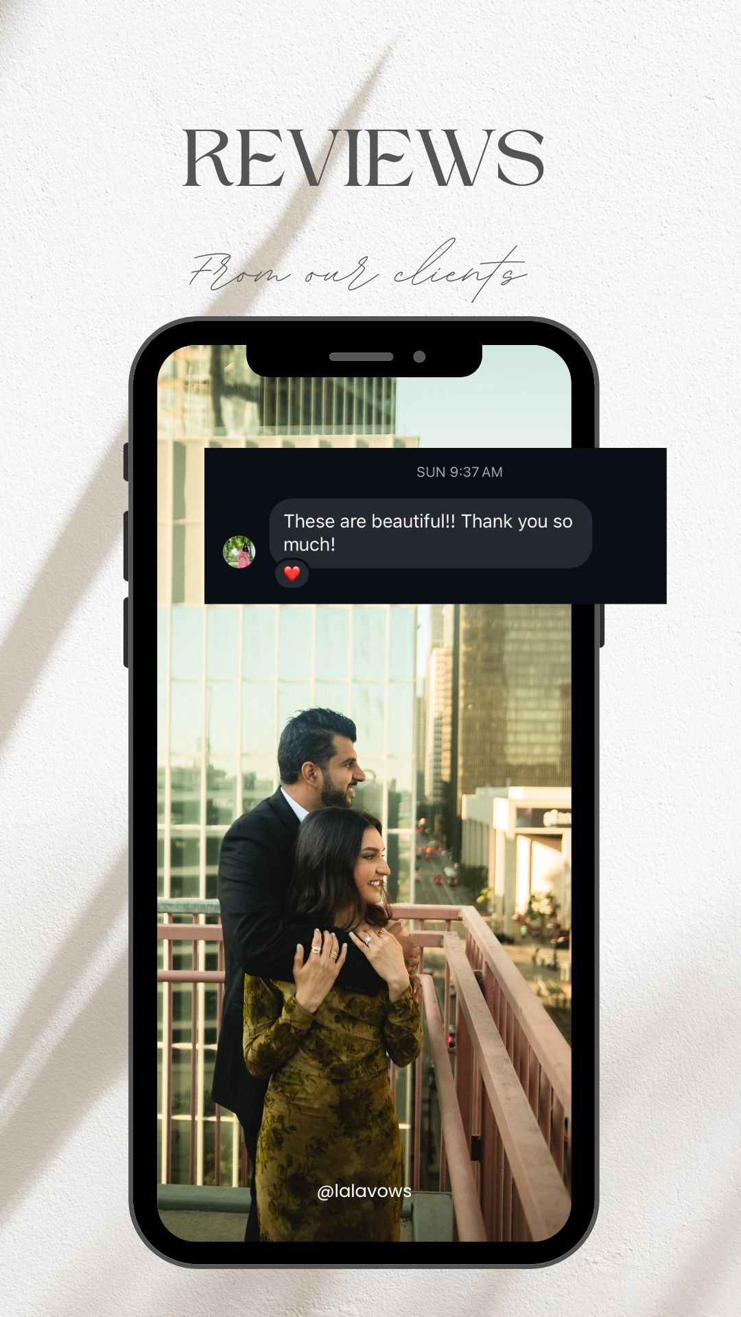 Photo of a man and woman standing on a balcony with city buildings in the background, with a text overlay showing a positive review. The review says, 'These are beautiful!! Thank you so much!' with a heart emoji.