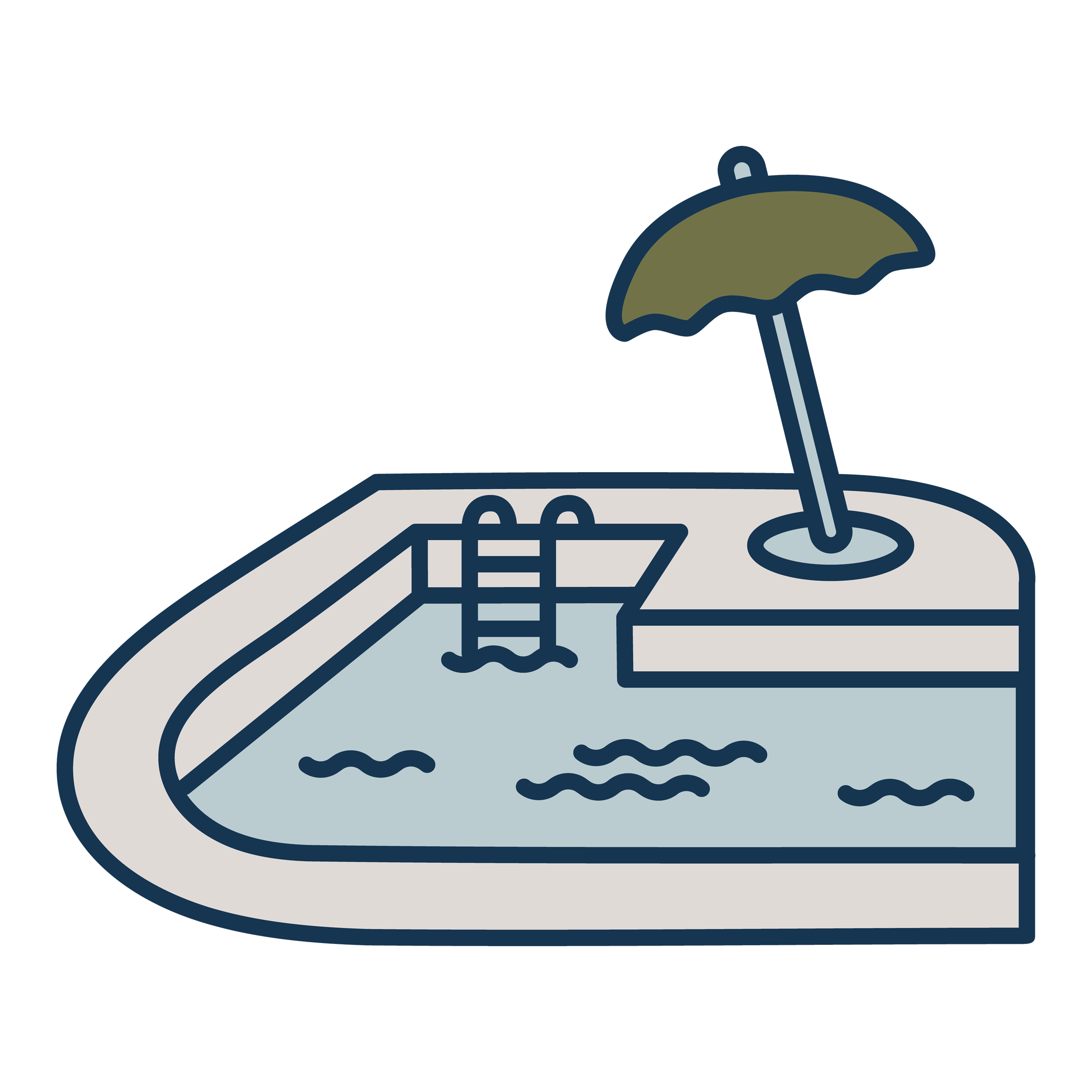 A swimming pool with a ladder, an umbrella, and a small platform over the water.