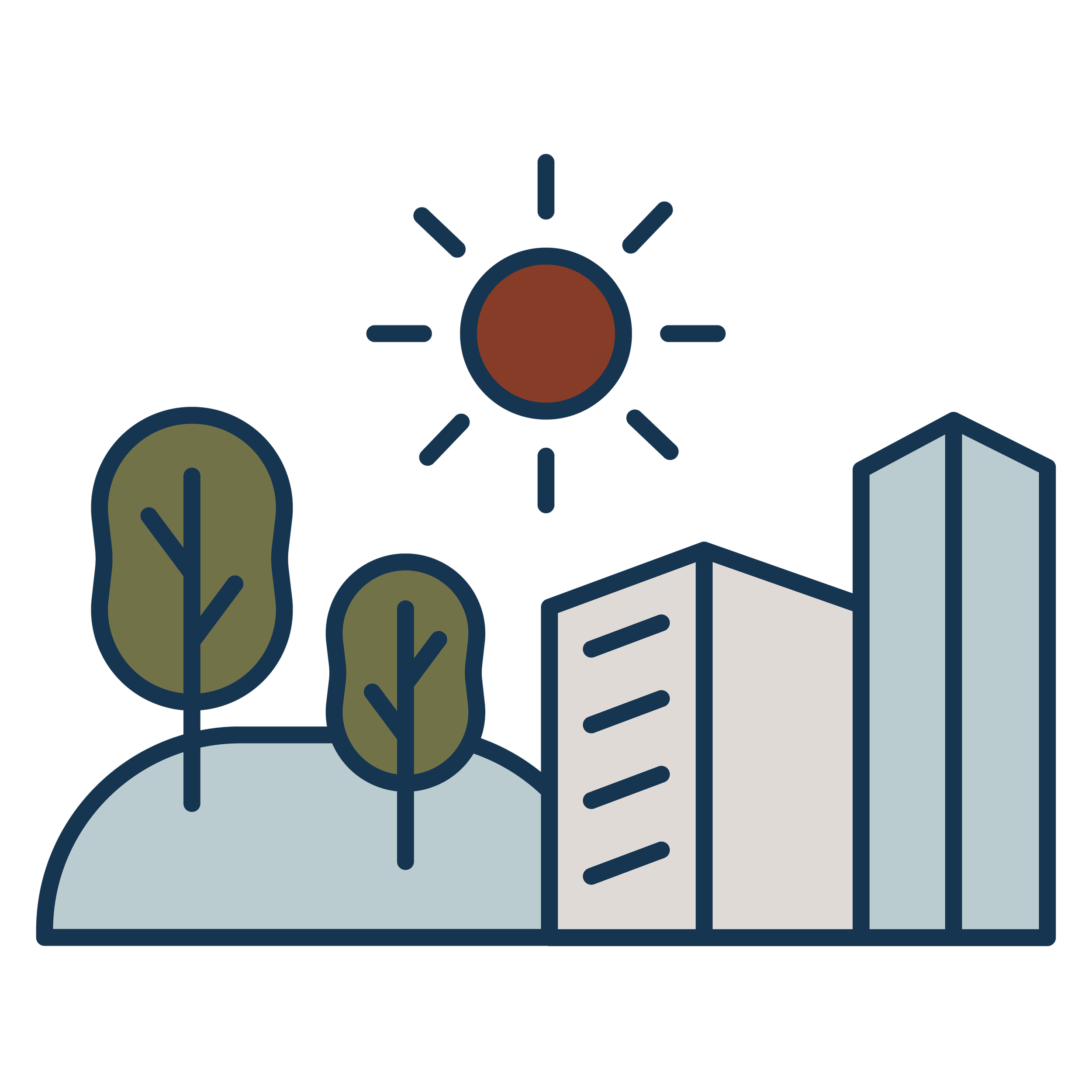Illustration of trees, buildings, and the sun.