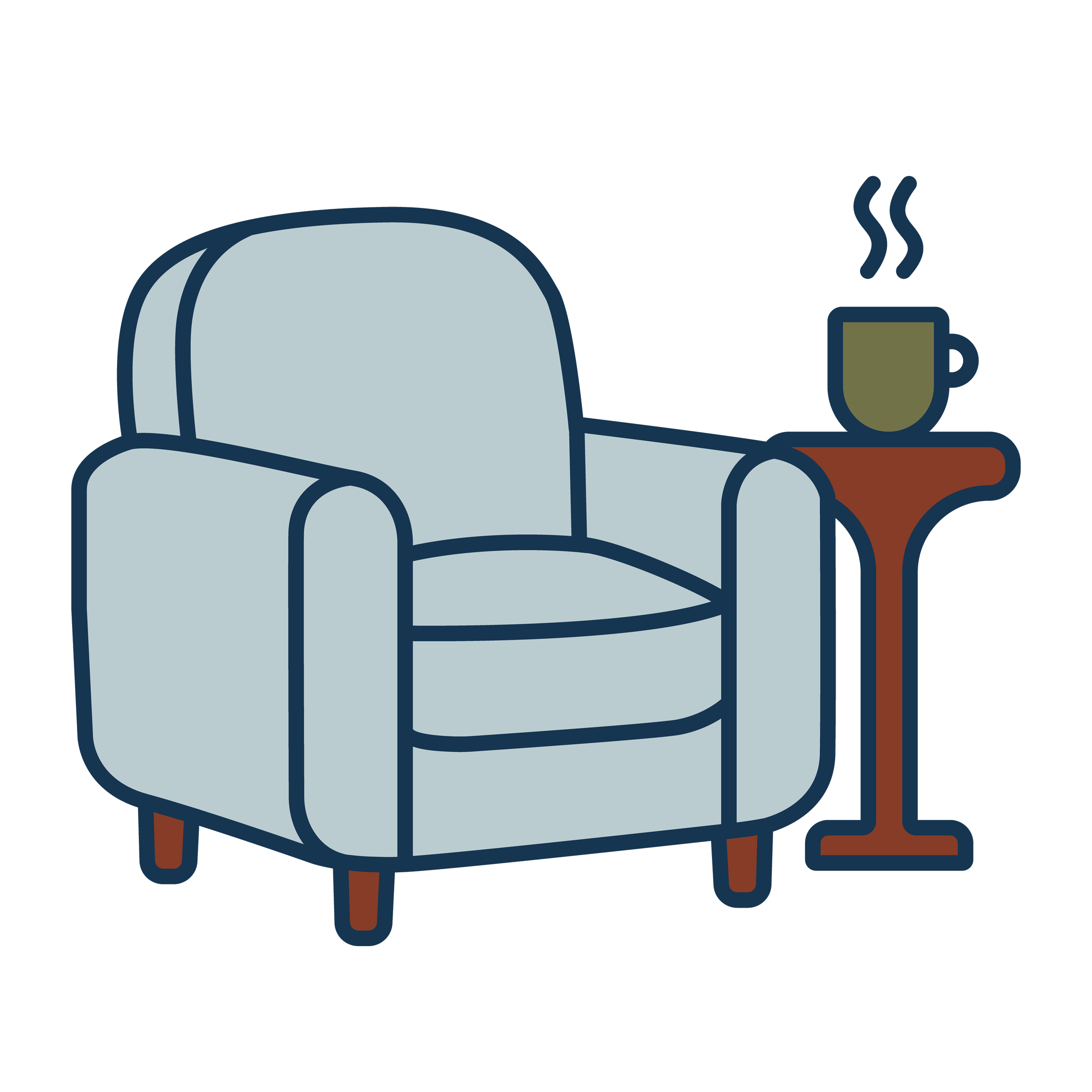 A cozy living room scene with a light blue armchair next to a small brown side table holding a steaming cup of coffee or tea.