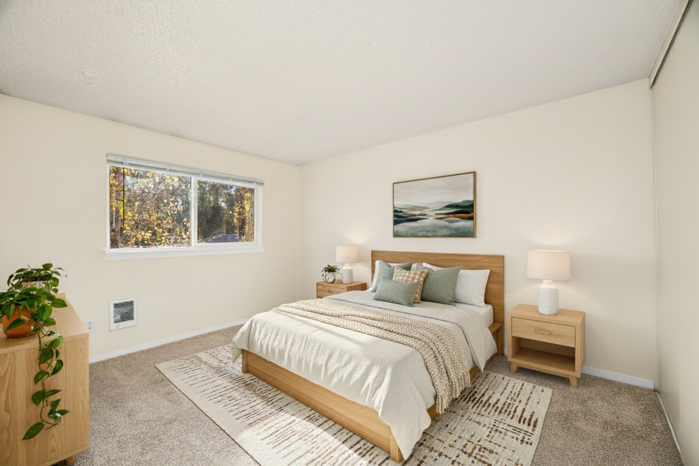 A cozy bedroom with a wooden bed frame, beige bedding, and four pillows, flanked by matching wooden nightstands with lamps. There's a window with views of trees, a painting above the bed, a potted plant on a wooden dresser, and a striped rug on beige carpet.