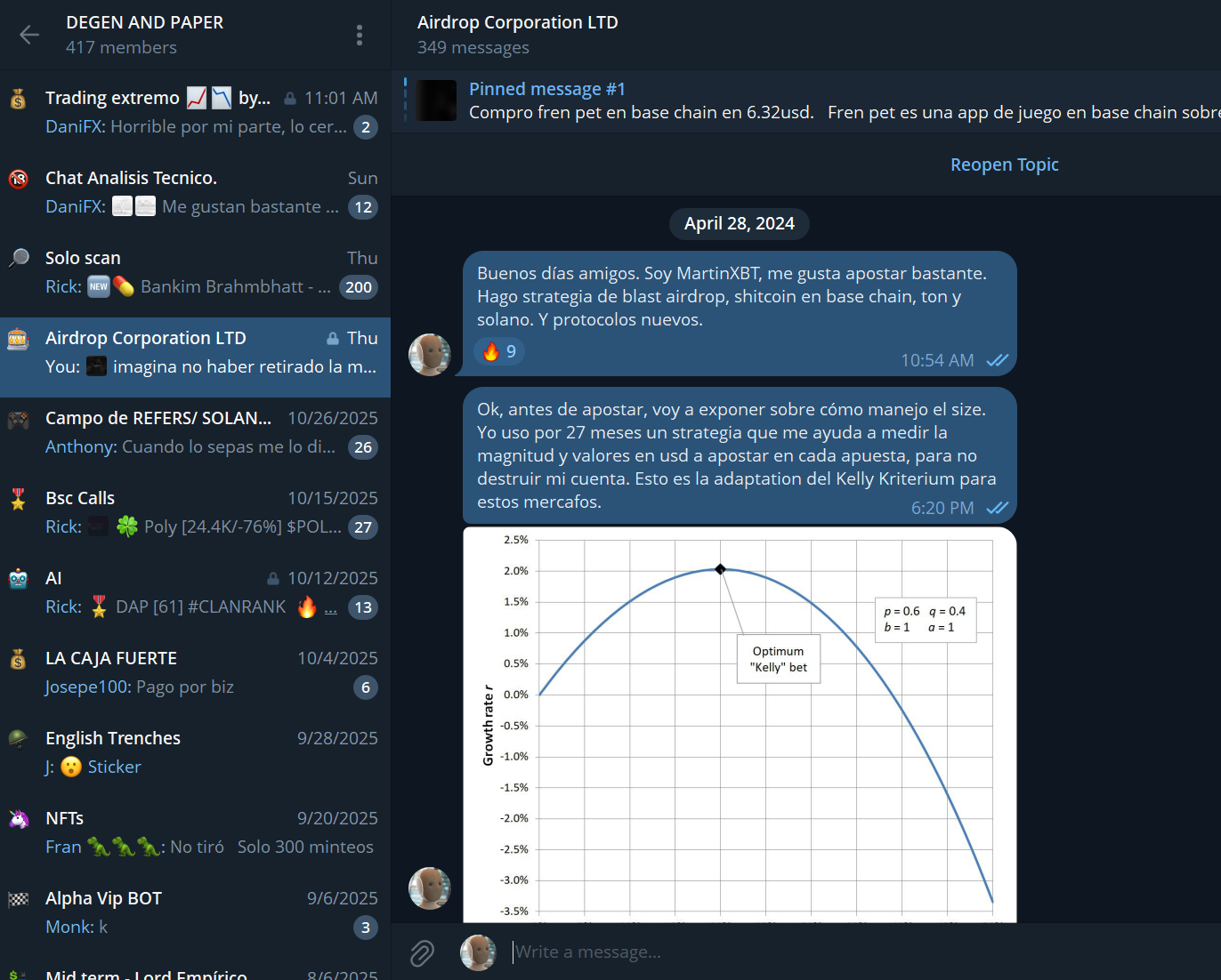 Screenshot of a messaging app showing a chat conversation about trading and investment strategies, with a graph labeled 'Optimum Kelly bet', and various chat contacts listed on the left.