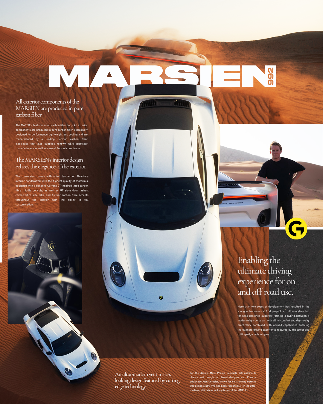 A white sports car with black accents parked on desert sand dunes, with a person standing next to it, and a smaller inset image of the car's interior showing a racing seat and steering wheel, all set against a desert landscape at sunset.