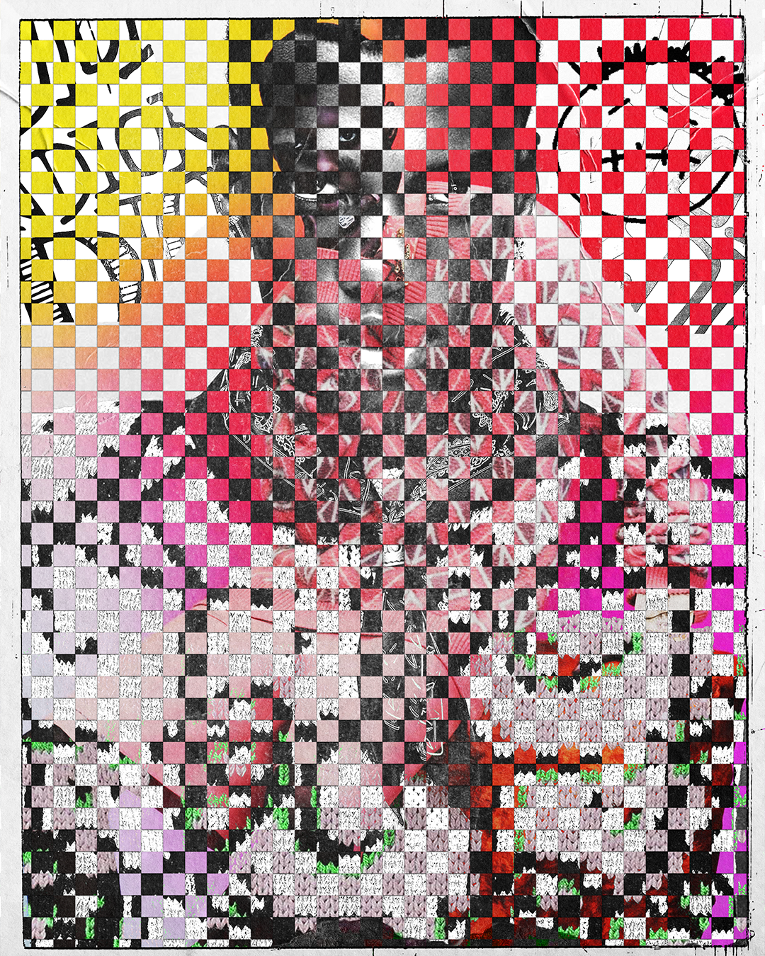 A mosaic image of a woman smiling, with a checkered pattern overlay in various colors including yellow, black, red, pink, purple, and green.