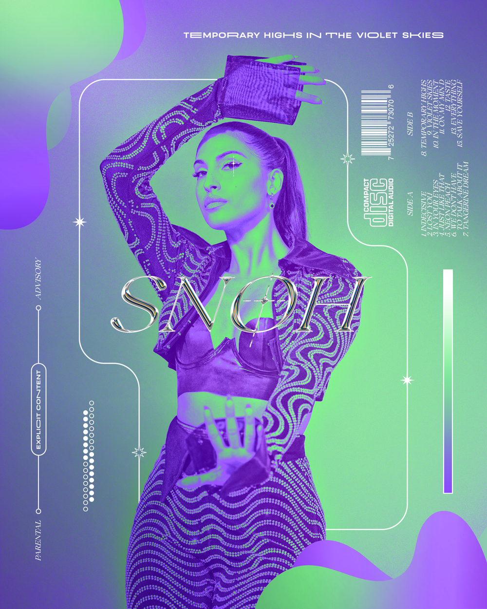 A woman with long hair in a high ponytail, wearing a patterned jacket and matching pants, poses with one arm raised holding a clutch and her other hand extended forward. The image has a digital, futuristic style with purple, green, and blue hues, and