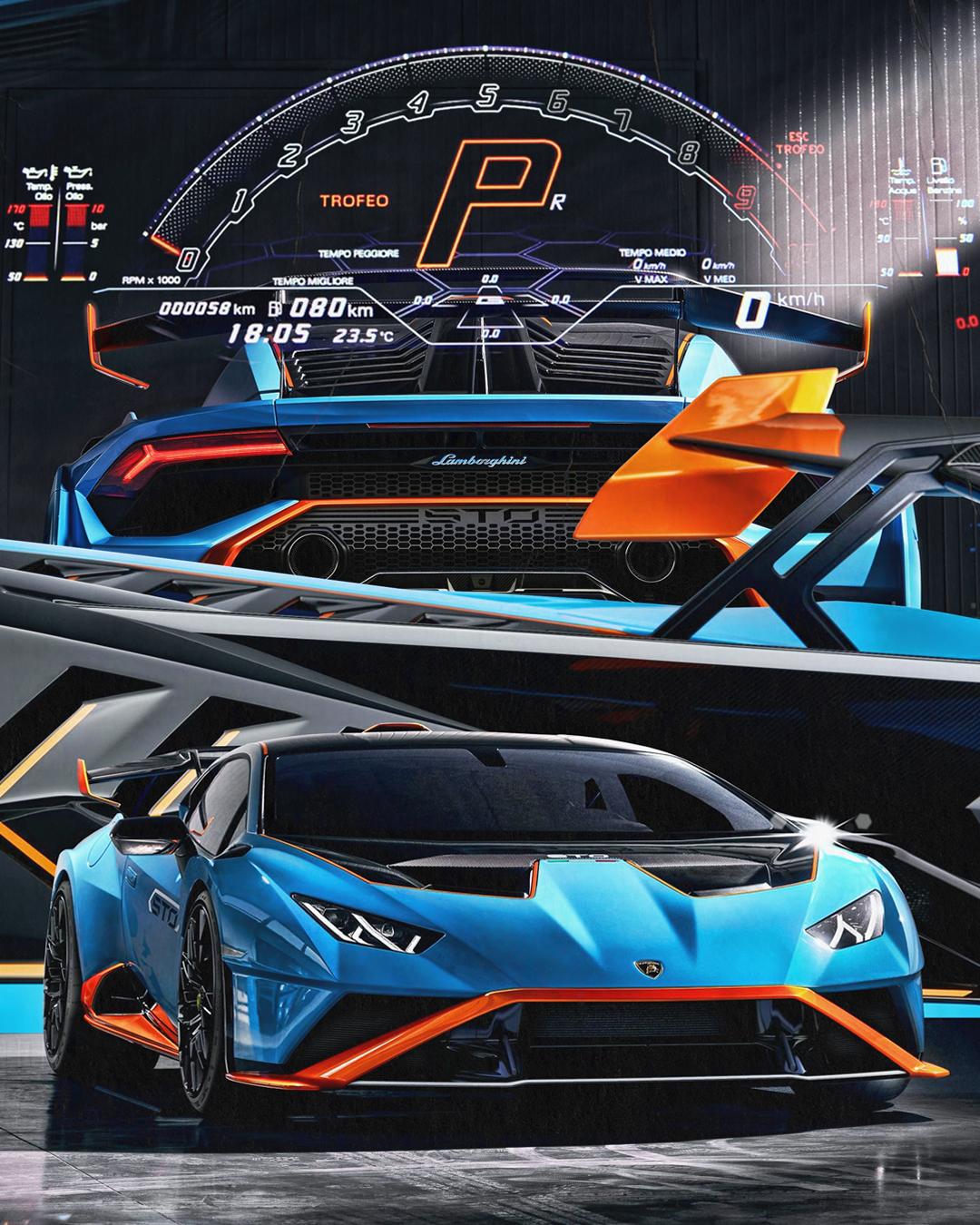 A blue Lamborghini sports car with orange accents parked in front of a large digital display showing a colorful graph and speedometer.