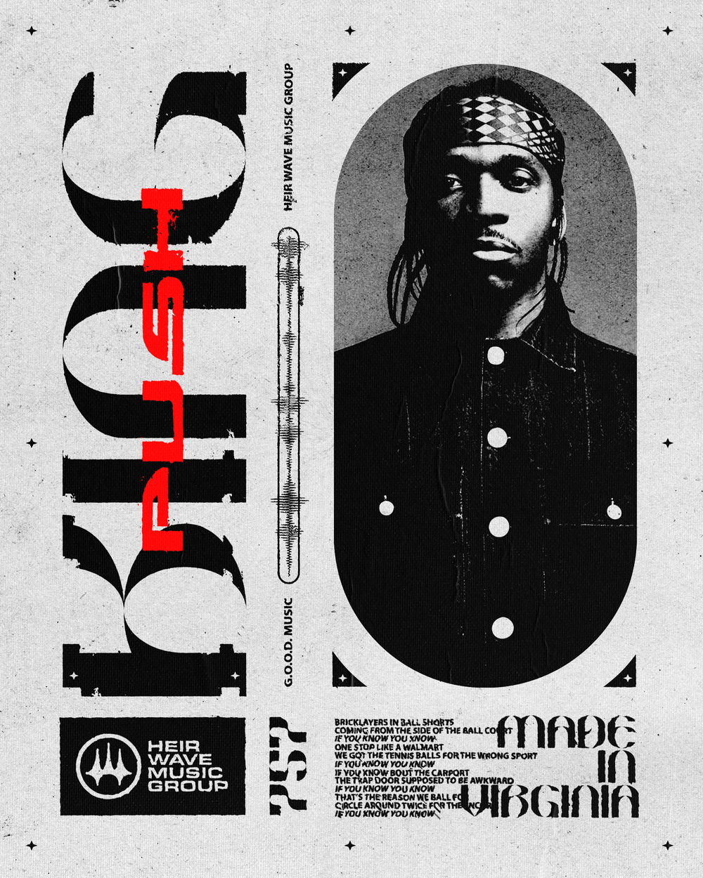 Poster featuring a black and white portrait of a man wearing a patterned headscarf and a dark jacket, with bold black and red text that says 'Justice' and 'Outfade in Virginia'. The poster includes a vertical sound wave, a logo for 'Heir Wave Music G