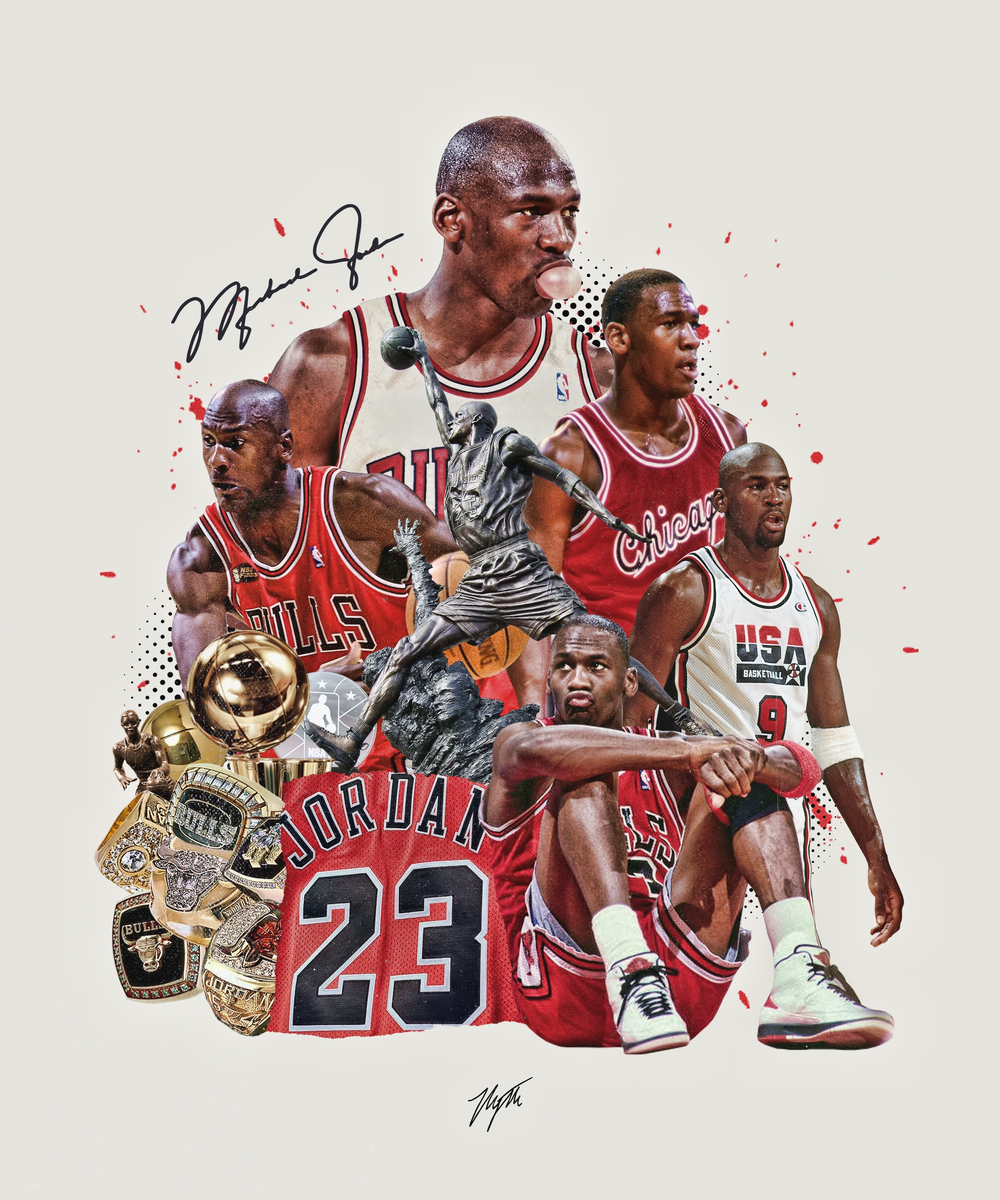 A collage of Michael Jordan, featuring multiple images of him in a Chicago Bulls jersey, a trophy, a statue, and various memorabilia, celebrating his basketball career.