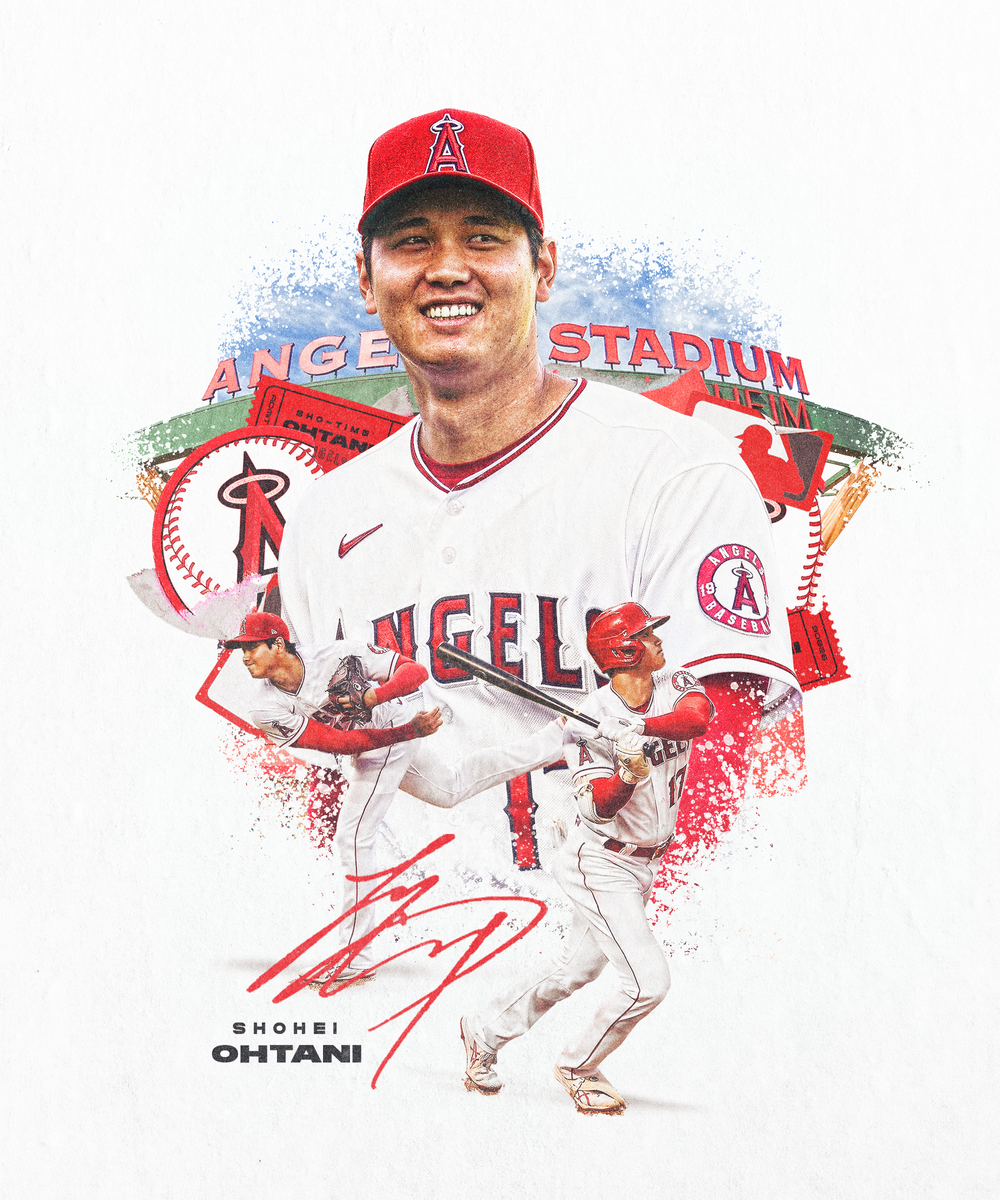 Illustration of Shohei Ohtani, a baseball player for the Los Angeles Angels, in a uniform with red accents, including a red cap and helmet. The background features baseball-themed graphics, including a large Angels logo, the text "Angel Stadium," and
