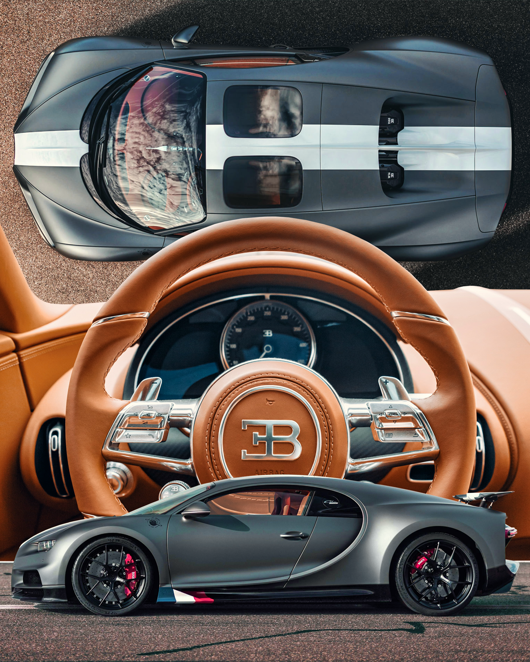 Top-down view of a grey Bugatti Chiron with a large brown leather steering wheel, and two smaller supercars, one black and one grey, parked below on the ground.