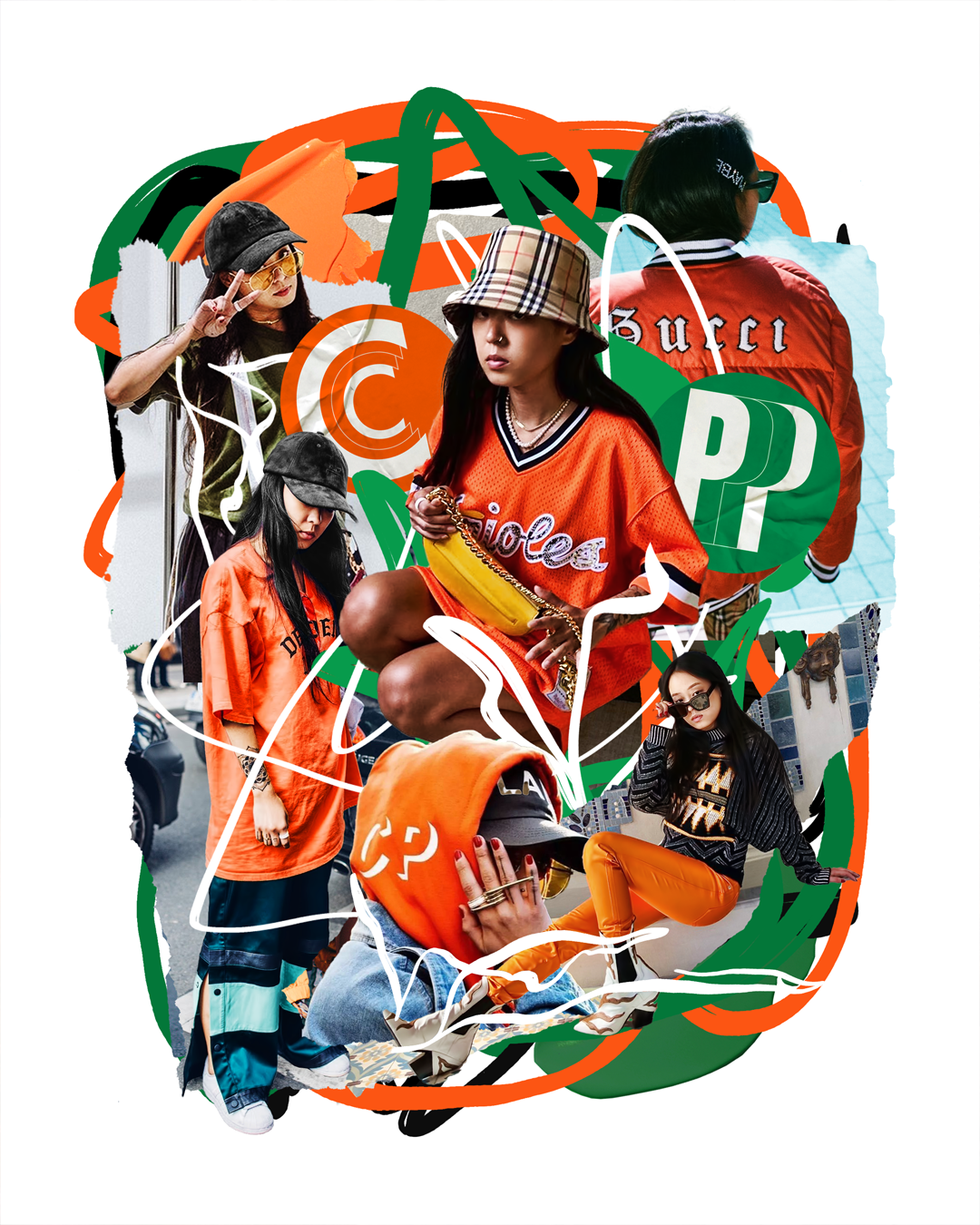 Collage of diverse young women in trendy streetwear, with colorful abstract shapes, text, and symbols, creating a vibrant fashion-focused composition.