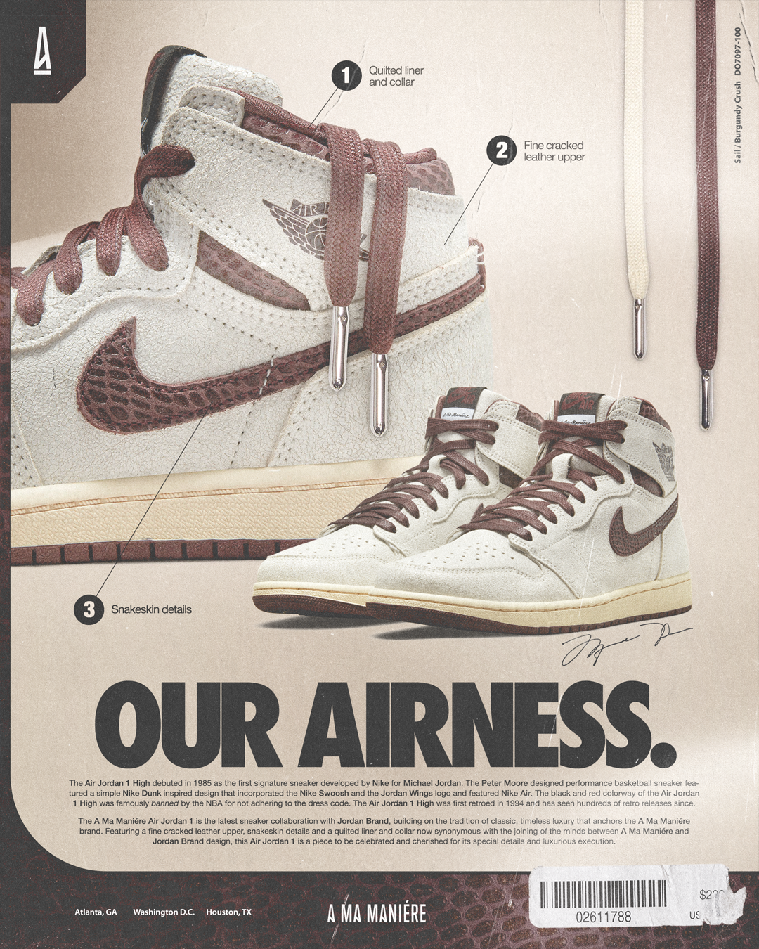 Close-up of a pair of Nike Air Jordan 1 sneakers with detailed descriptions of their design features, including quilted liners, cracked leather, and snakeskin details, along with two shoelaces and text about the shoe's history and design.