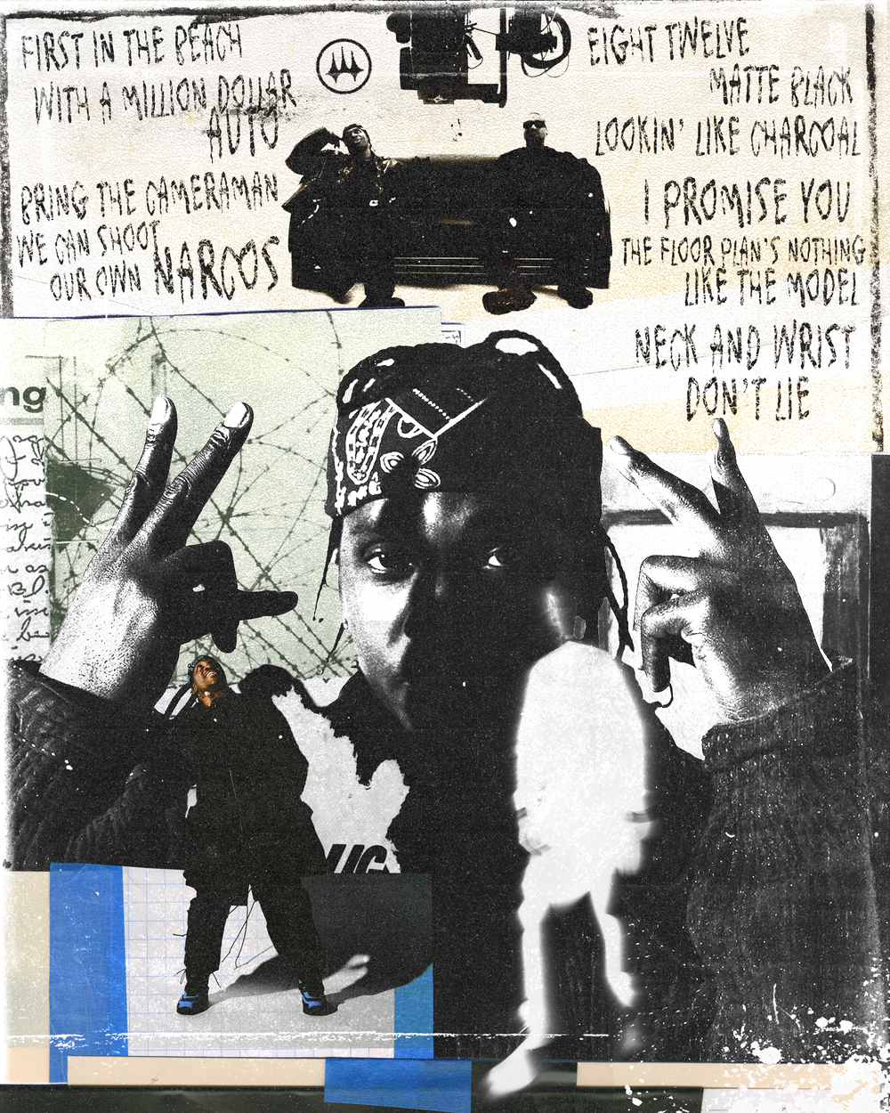 Mixed media collage featuring a person with braided hair making a peace sign with both hands, handwritten lyrics in black ink, a solo figure in a dark outfit, and various abstract and graphic elements.