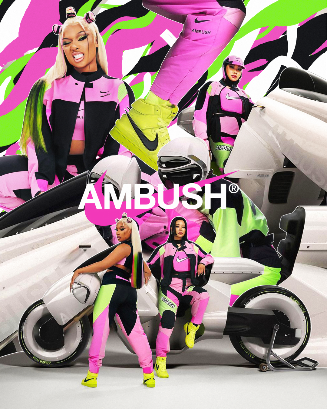 A collage with several women wearing pink and black Nike and Ambush sportswear, along with futuristic vehicles and a motorcycle. The background has vibrant green, black, pink, and white abstract patterns. The brand name 'AMBUSH' is prominently displa