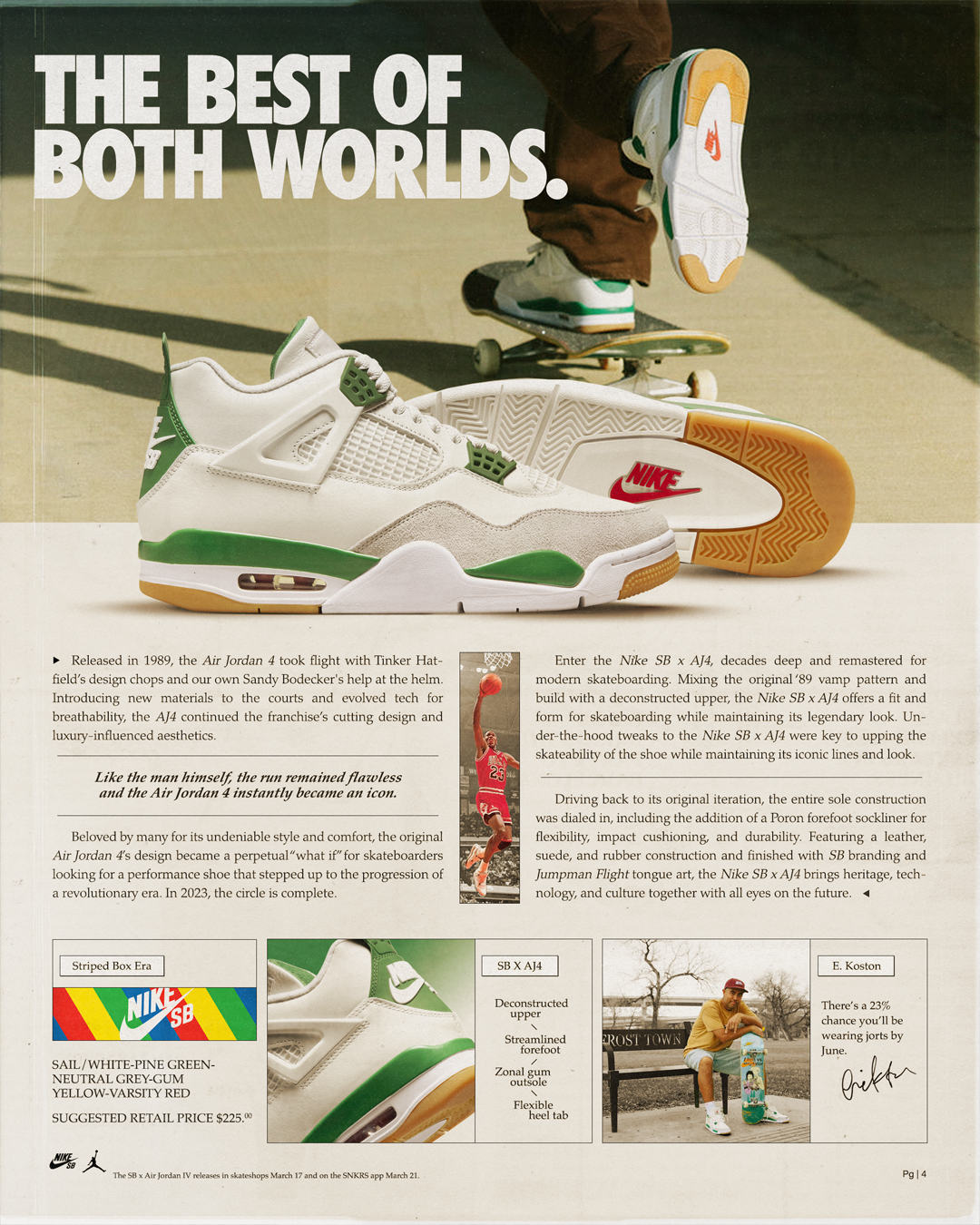 Page from a magazine featuring Nike Air Jordan 4 sneakers, with a large image of the shoes and a skateboarder in the background. Text describes the history and features of the shoe, highlighting its design and cultural impact.