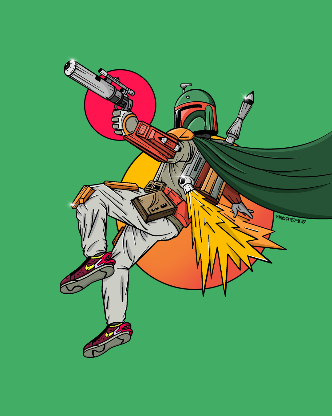 Digital illustration of Boba Fett with a green cape, holding a blaster, sitting with one leg crossed, set against a green background with red and yellow circles.