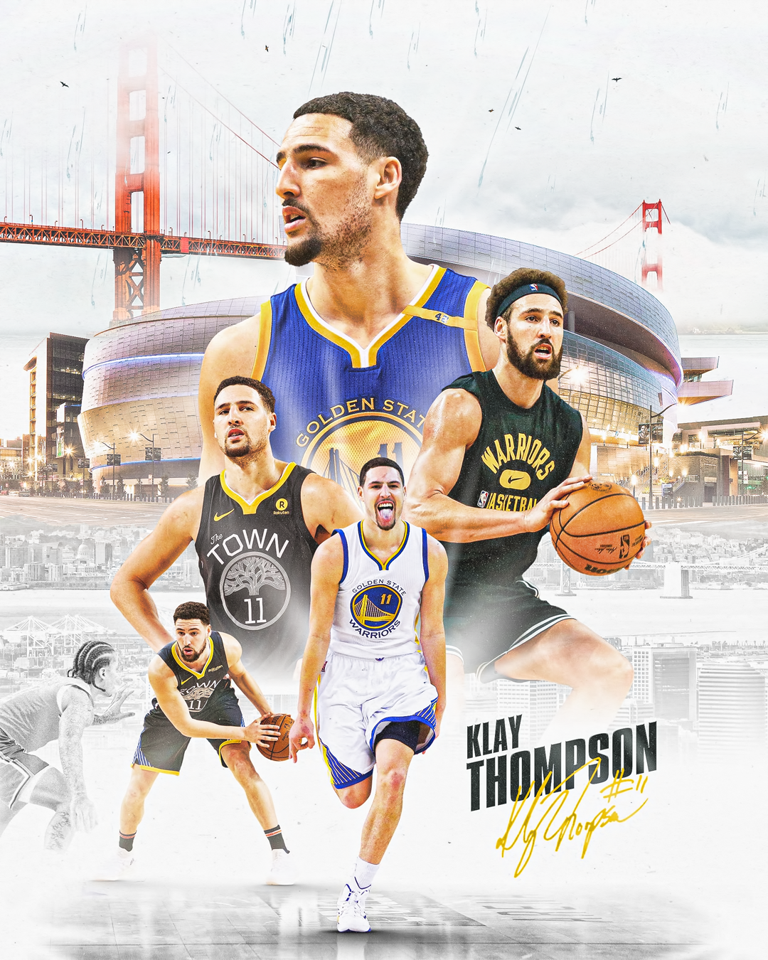Collage featuring basketball player Klay Thompson in various action shots, wearing Golden State Warriors uniform, with the San Francisco Giants' Oracle Park and Golden Gate Bridge in the background.