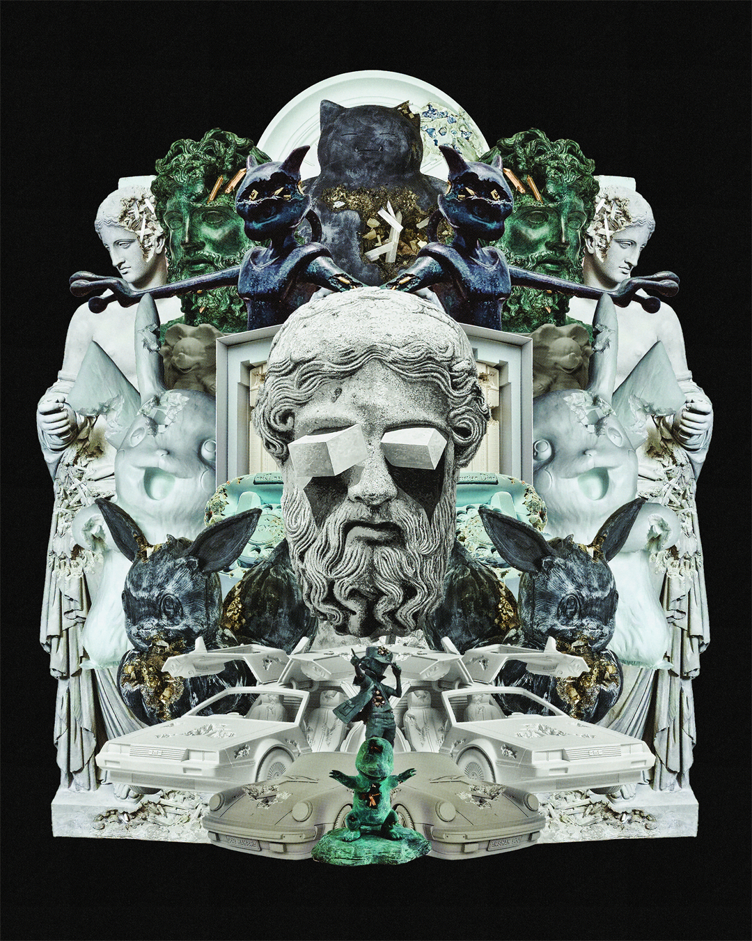 A collage with classical statues, robots, cars, mythological figures, animals, and futuristic elements arranged symmetrically against a black background.