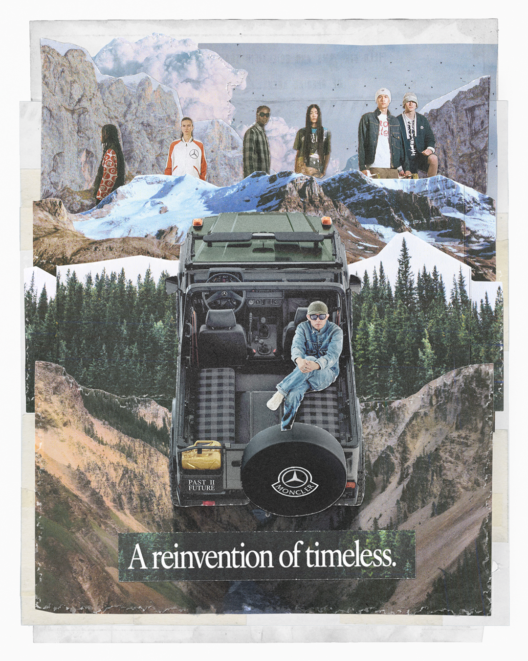A collage with a mountain landscape background, featuring a vintage Mercedes-Benz G-Class vehicle in the center with a kid sitting on it, wearing sunglasses. Above are images of six diverse people standing on the mountains, and a forest surrounds the