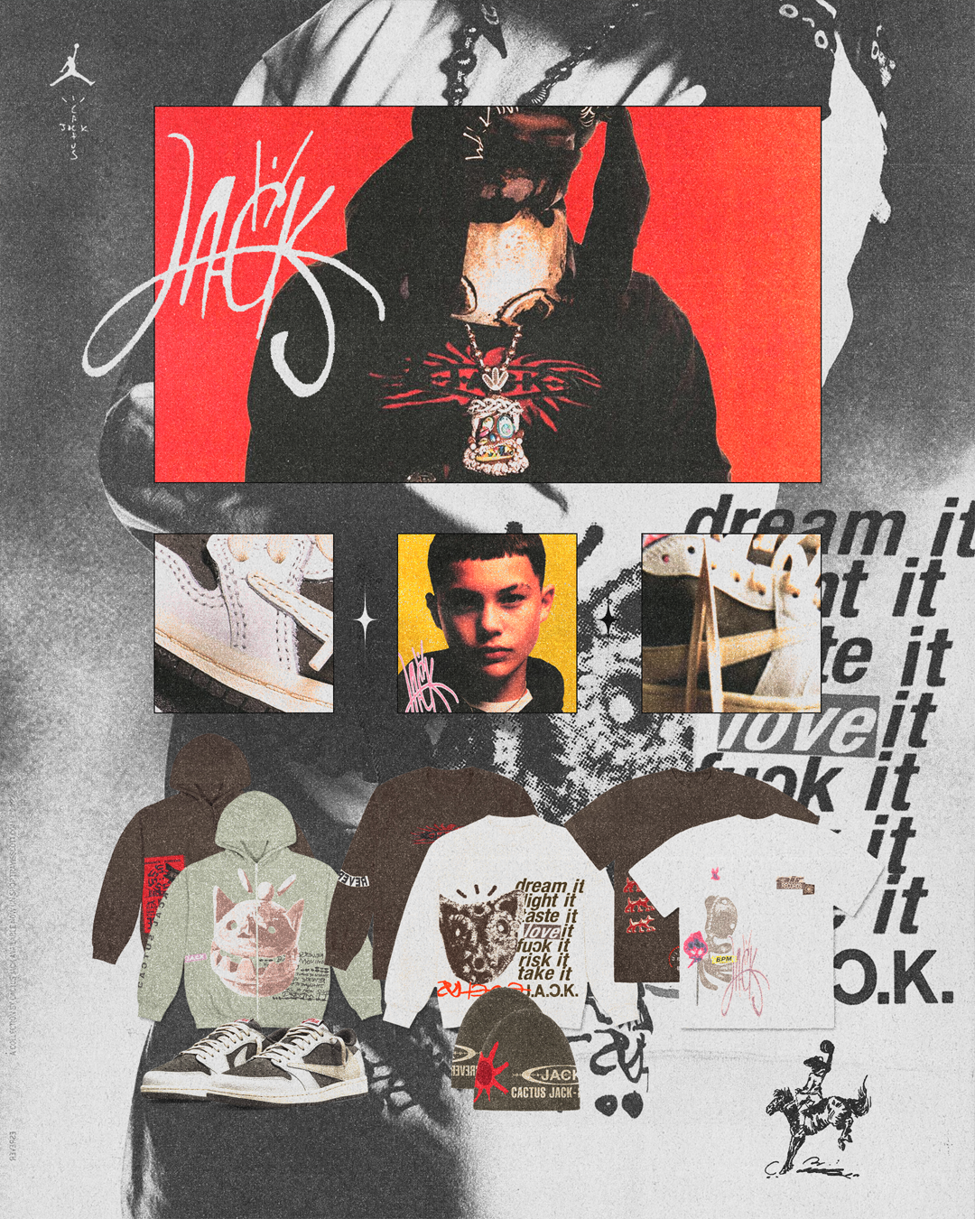 A collage featuring streetwear clothing, sneakers, and artworks, with images of a young male and a stylized portrait, alongside text elements and sketches.