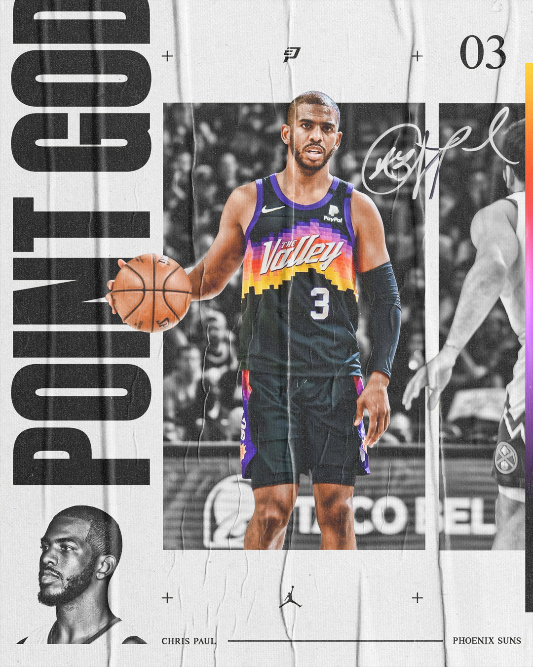 A basketball player wearing a black, purple, and multicolor jersey with 'The Valley' and the number 3, holding a basketball, on a poster with black and white photographs and images of other players.