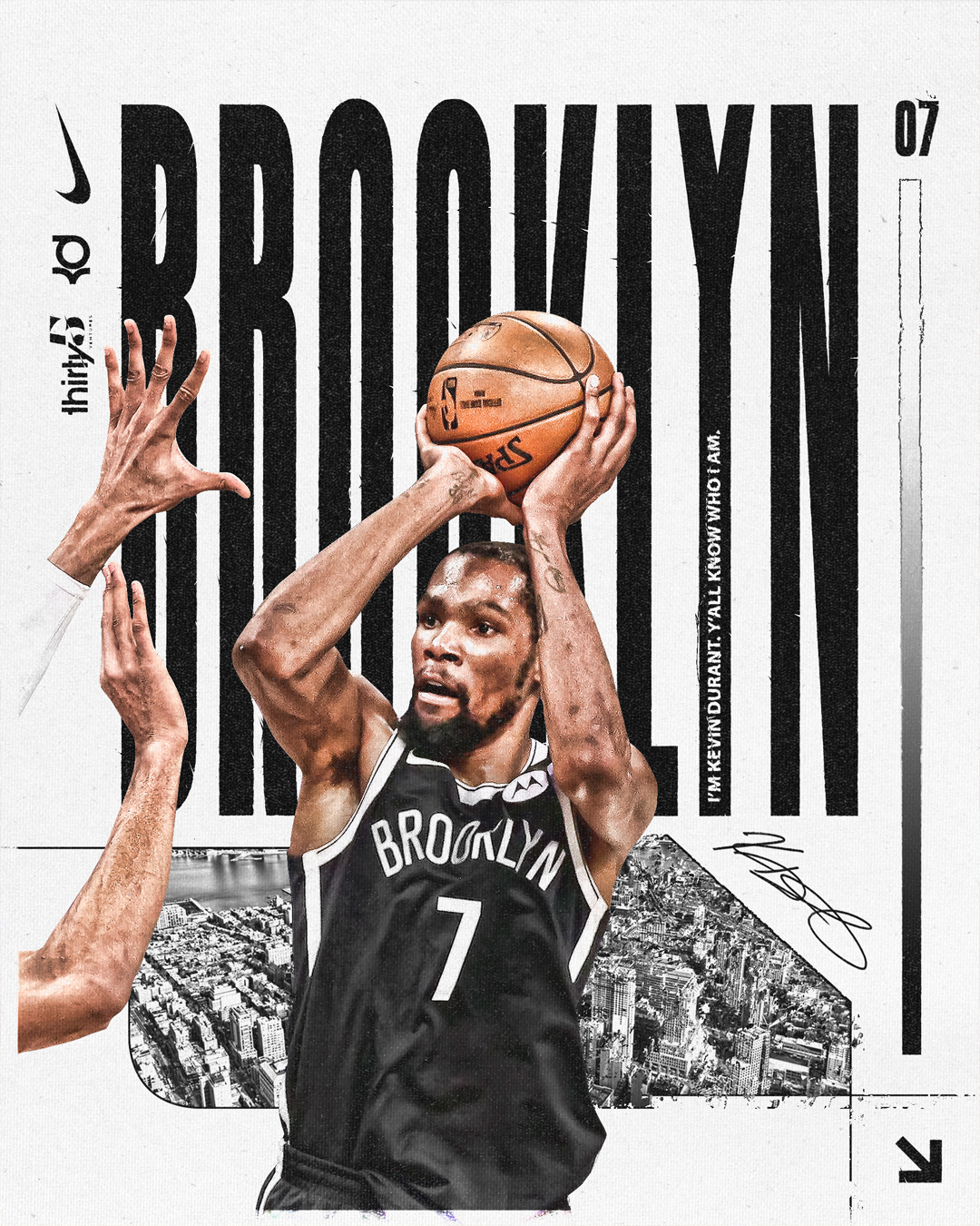 Basketball player in Brooklyn Nets uniform holding a basketball above his head during a game, with black and white cityscape background and bold text overlay.