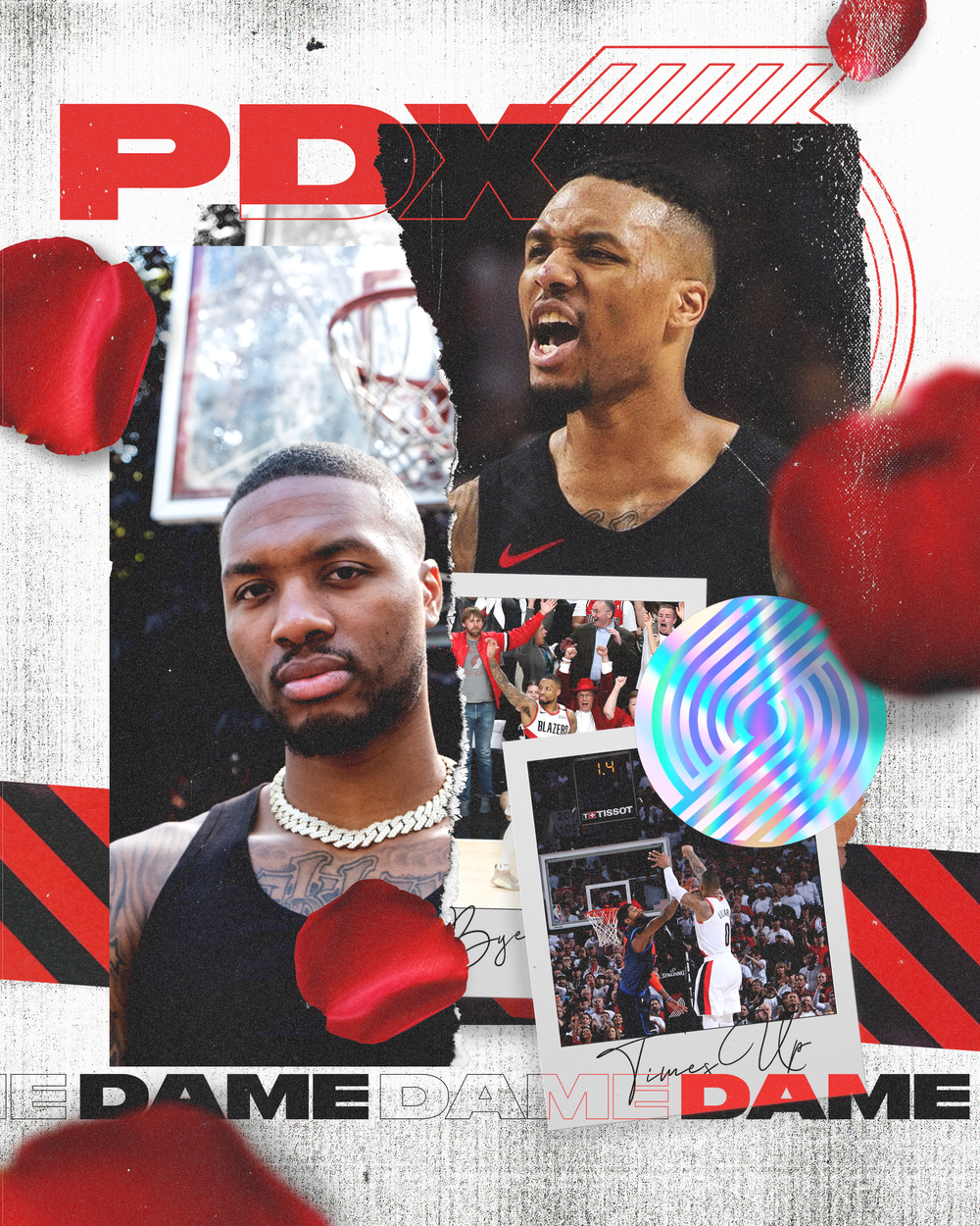 Collage of two basketball players and scenes at a basketball game, with rose petals and graphic elements, promoting the Portland Trail Blazers and Dame.