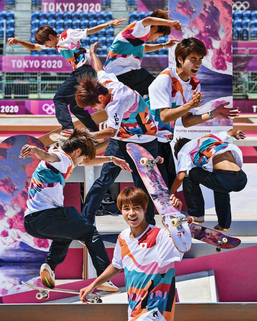 Group of young skateboarders in colorful outfits celebrating at the Tokyo 2020 Olympics skateboarding event.