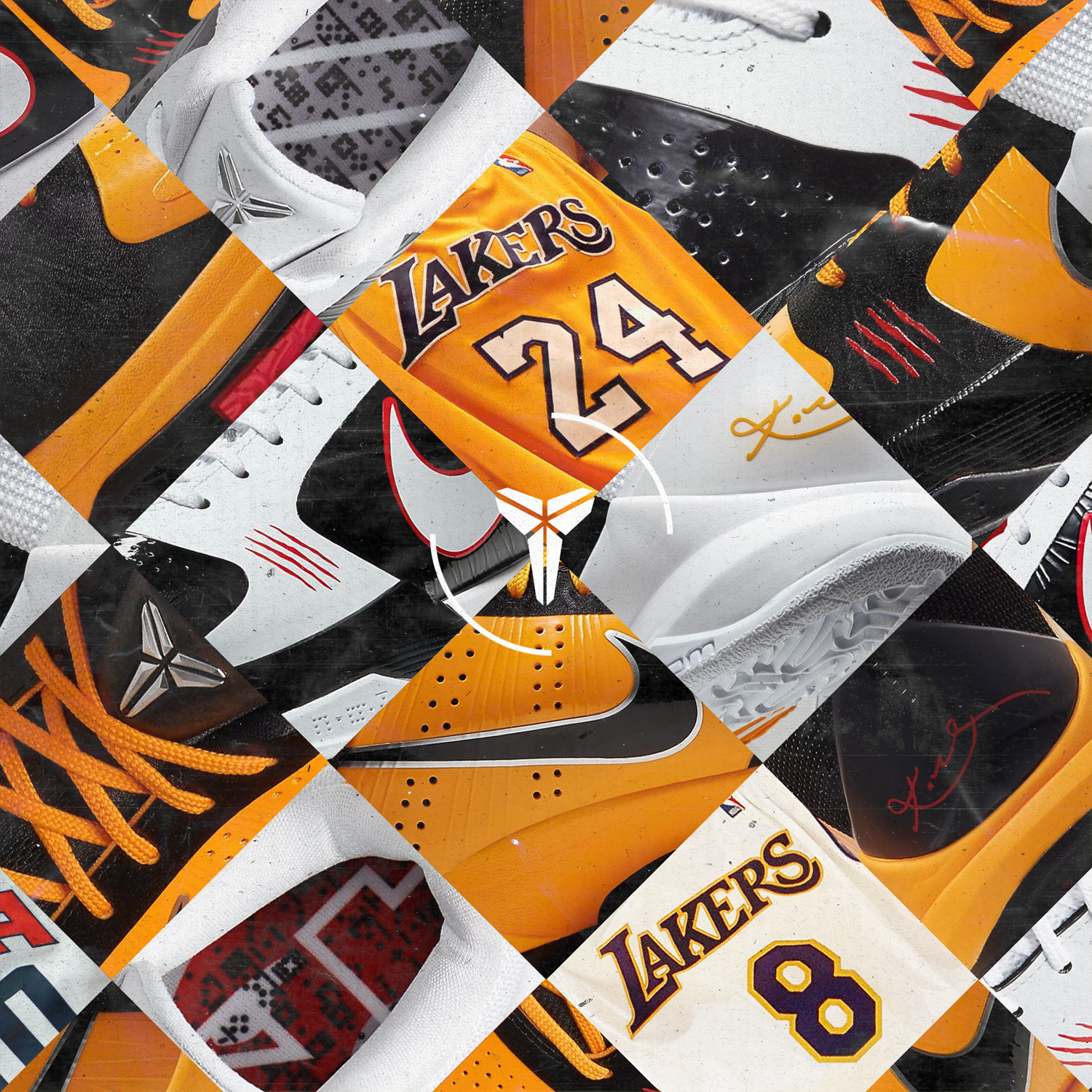 Collage of Los Angeles Lakers NBA team sneakers and jerseys, featuring Lakers team colors of purple, gold, and white.