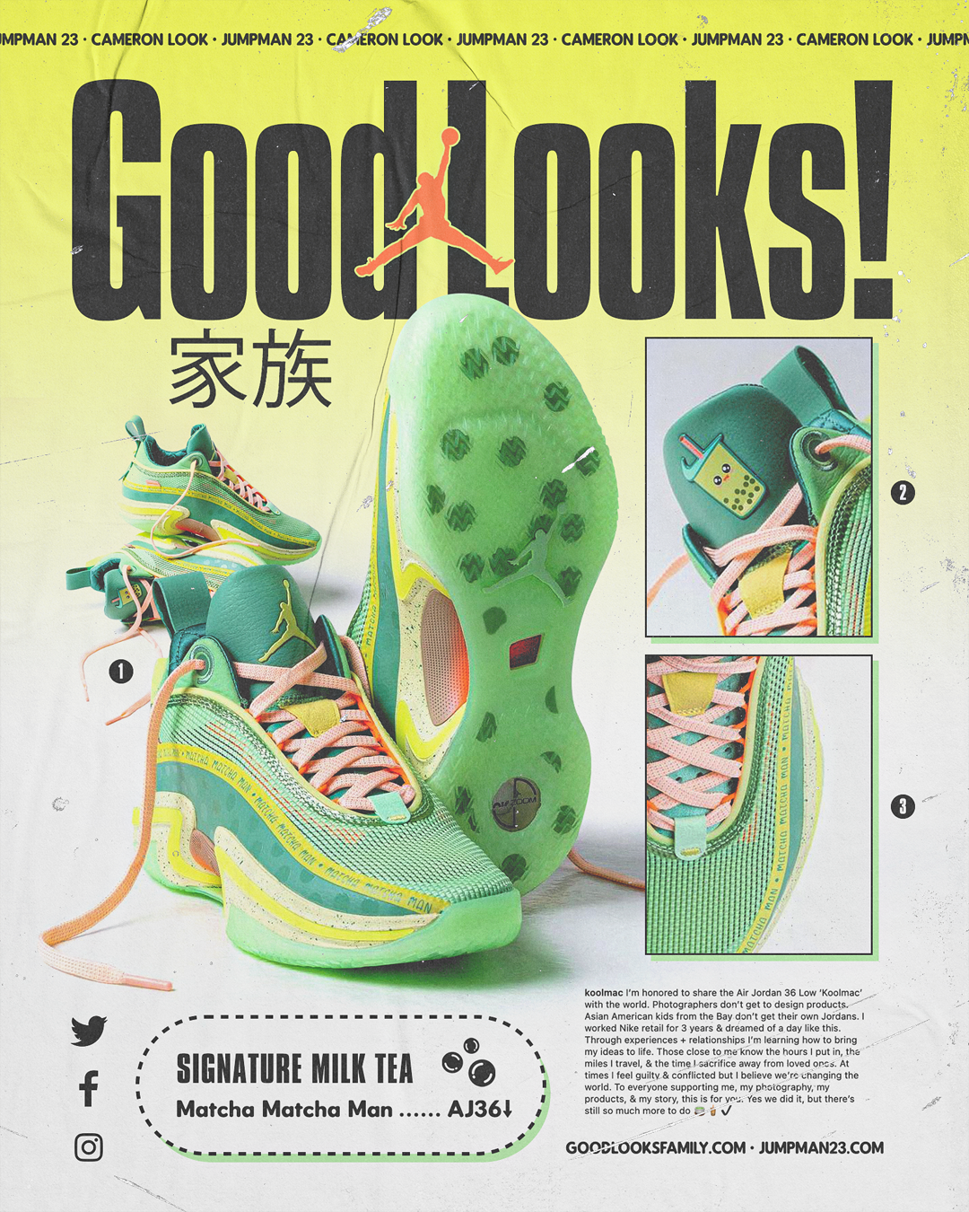 A magazine cover showcasing a pair of vibrant, multicolored Air Jordan 36 sneakers with a green sole, pink laces, and futuristic design. The cover features the bold text 'GOOD LOOKS!' with a Jumpman logo and additional text in Chinese. Insets highlig