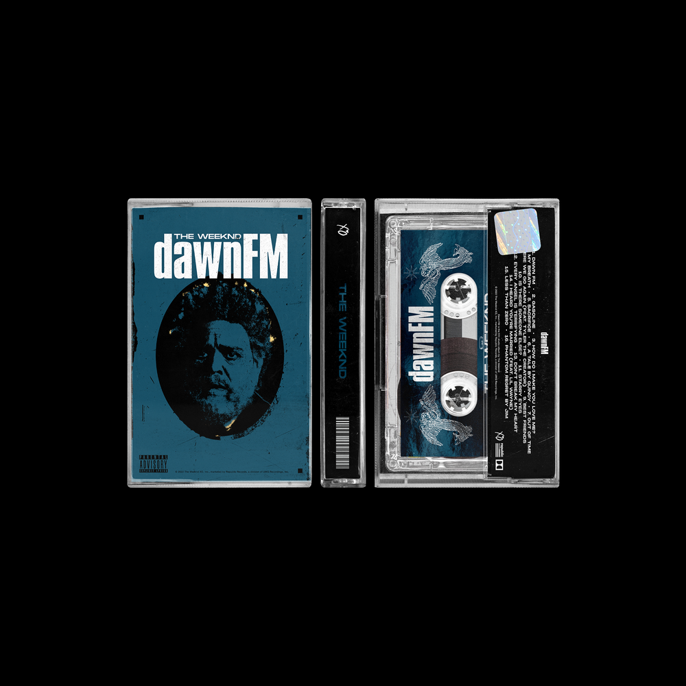 A cassette tape, its case, and a paper insert featuring artwork and text for The Weeknd's "dawn FM" album, with a portrait of The Weeknd on the cover.