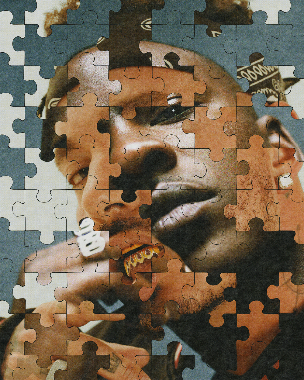 A person with light skin, multiple earrings, gold teeth, and wearing a cap, smoking a cigarette, with a puzzle overlay.