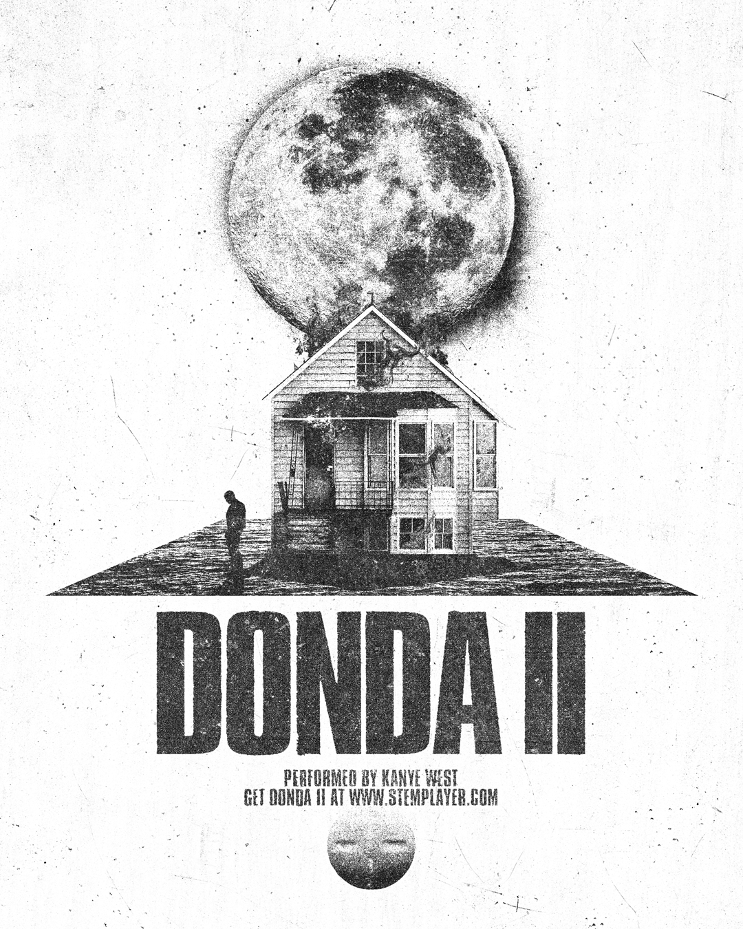 Black and white graffiti art of a house with a large moon in the background and a person standing outside, with the text 'Donda II'.