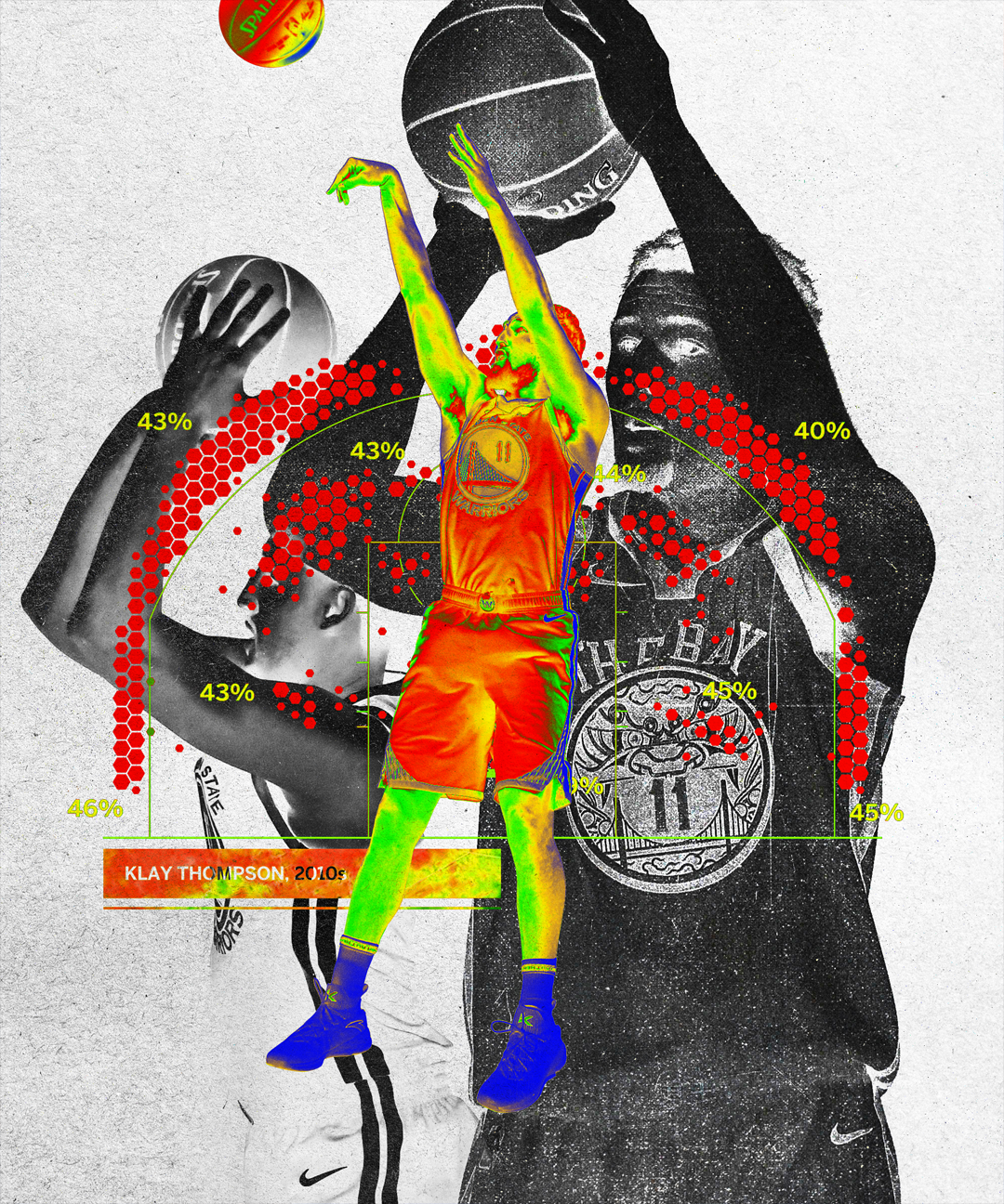 A collage featuring a basketball player in the center jumping with the ball, overlaying two black and white images of players, with colorful heat map effects and statistical data surrounding the image.
